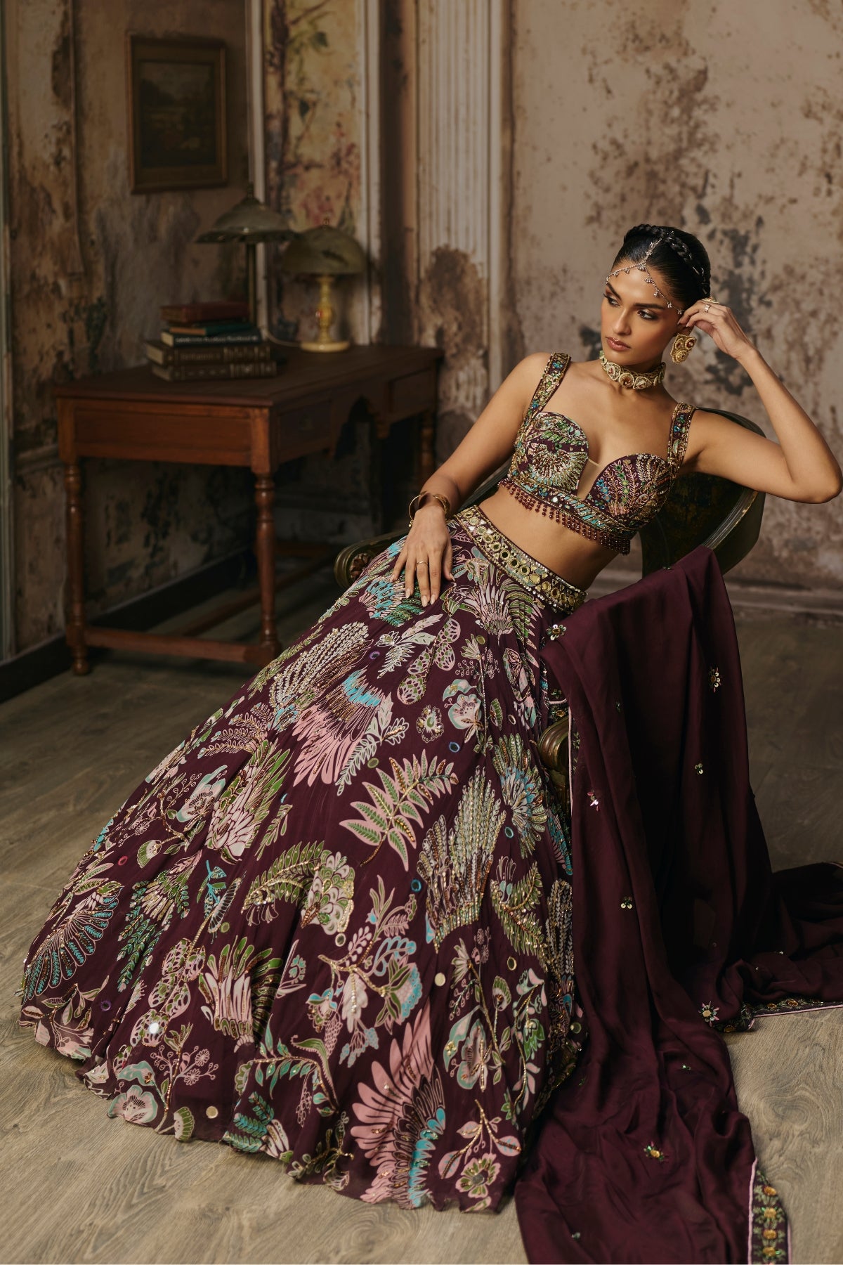 PLUM PRINTED AND HIGHLIGHTED LEHENGA SET