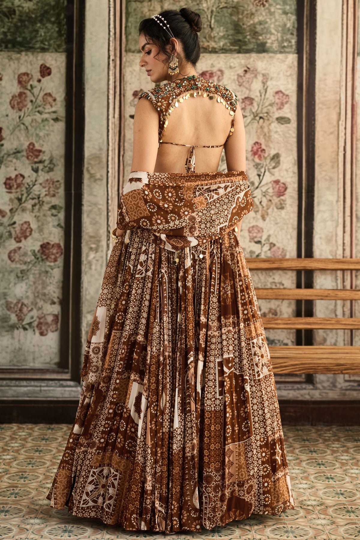 CARAMEL PRINT AND HIGHLIGHTED BLOUSE AND LEHENGA SET