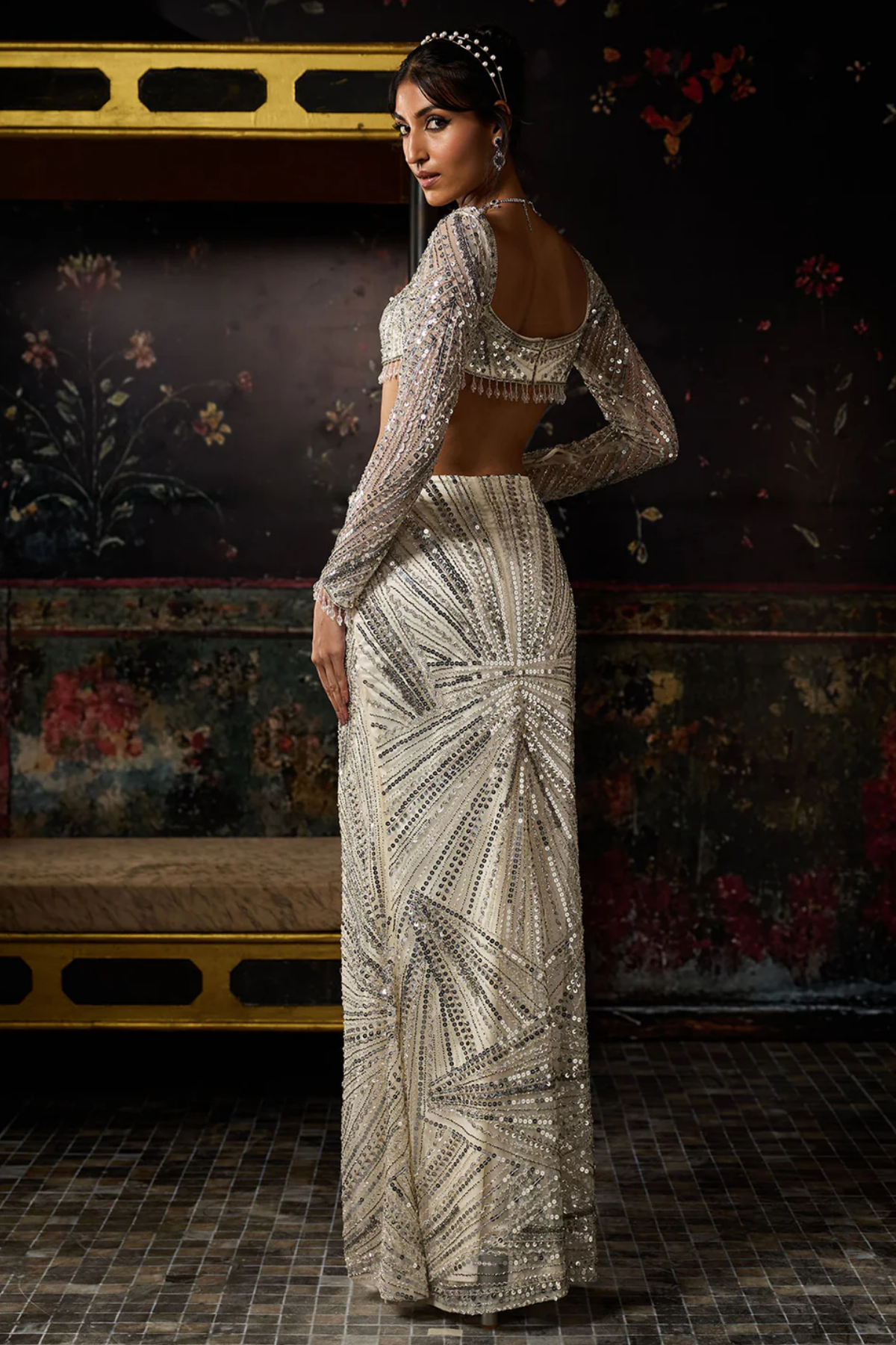 SILVER FULLY EMBELLISHED SLIT SKIRT SET