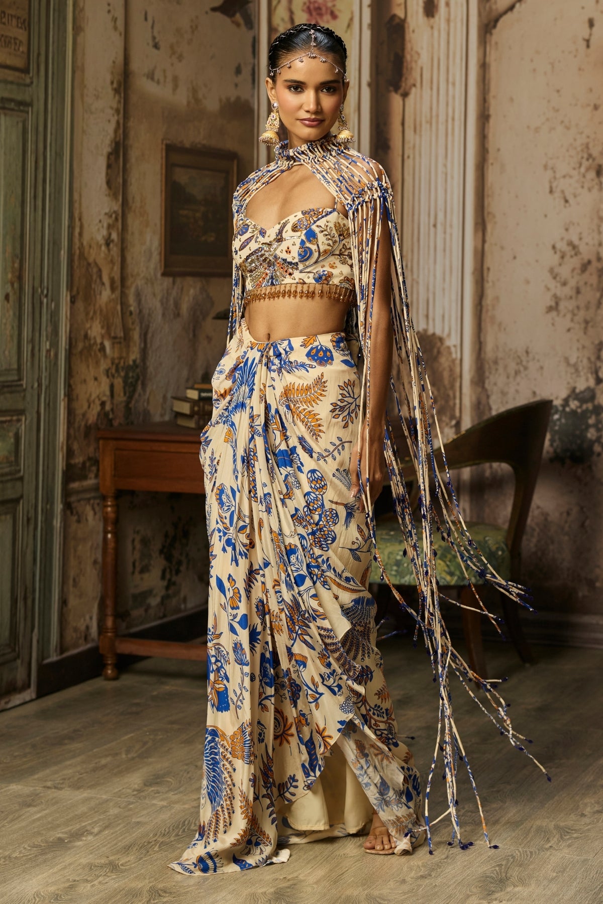 IVORY PRINTED AND HIGHLIGHTED BLOUSE WITH FRINGE JACKET & SKIRT SET