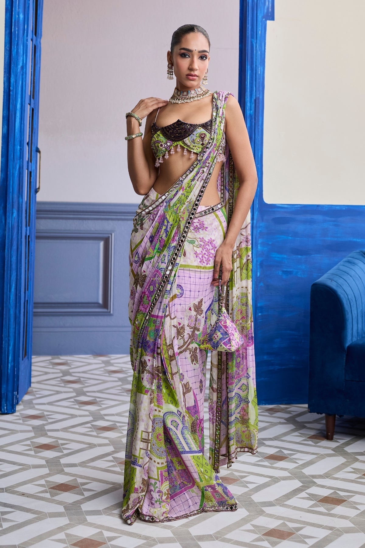 BUBBLEGUM MOSAIC SCALLOP BLOUSE WITH EMBROIDERY & DRAPED SAREE SKIRT SET