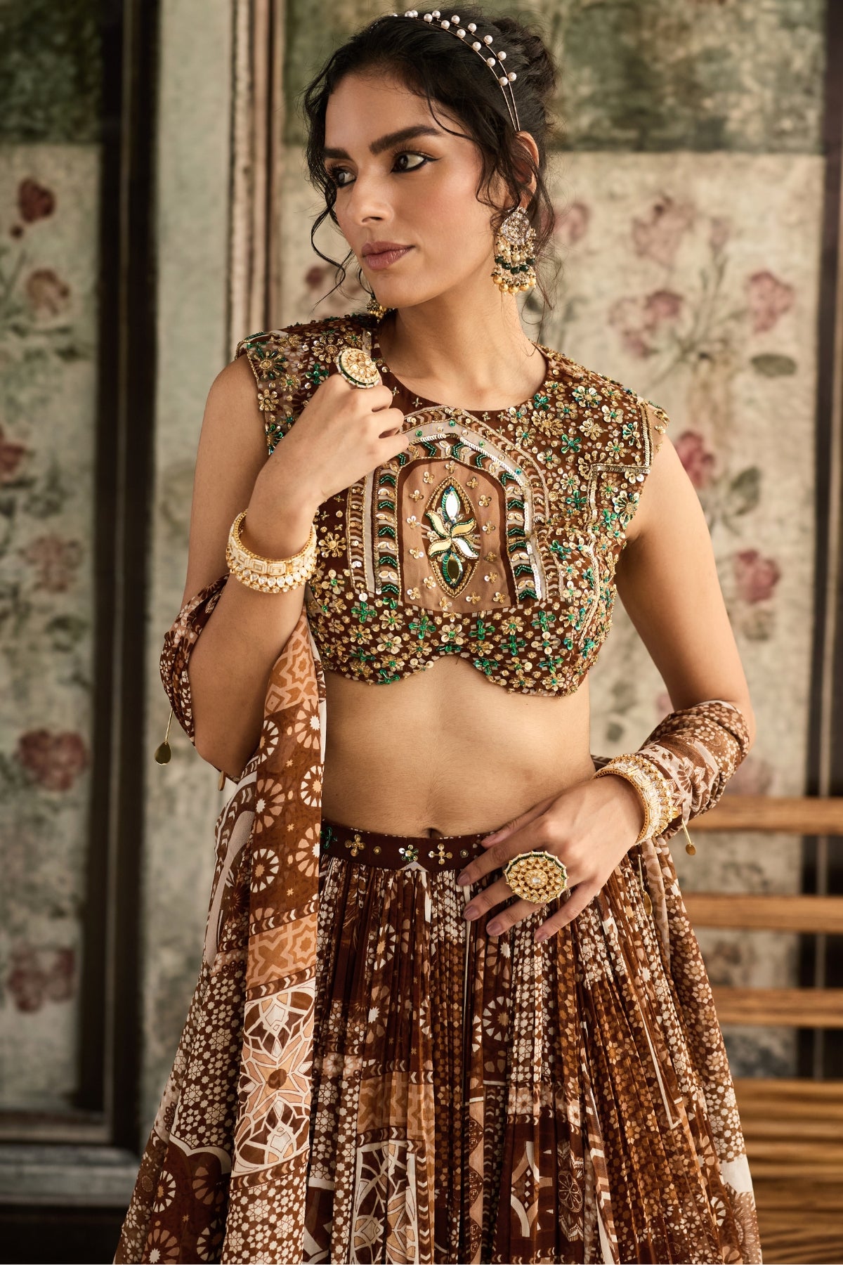 CARAMEL PRINT AND HIGHLIGHTED BLOUSE AND LEHENGA SET
