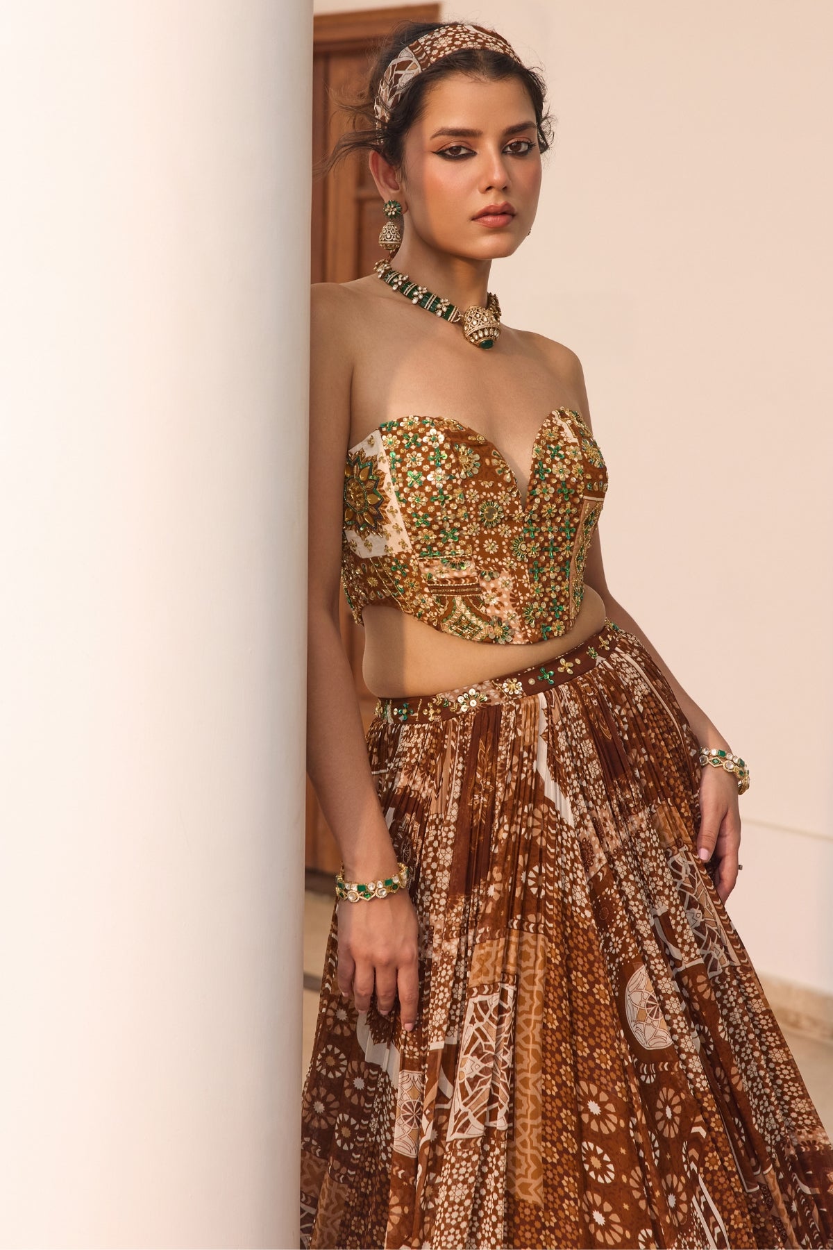 CARAMEL PRINT AND HIGHLIGHTED CORSET TOP WITH LEHENGA SET