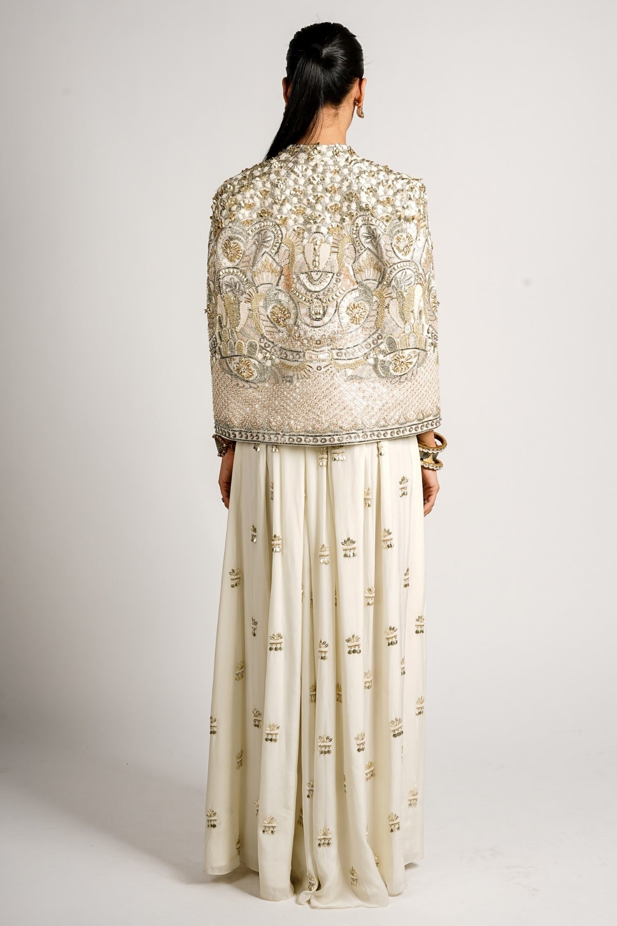 Mehraan Embellished Cape Jacket With Bustier and Flared Pant