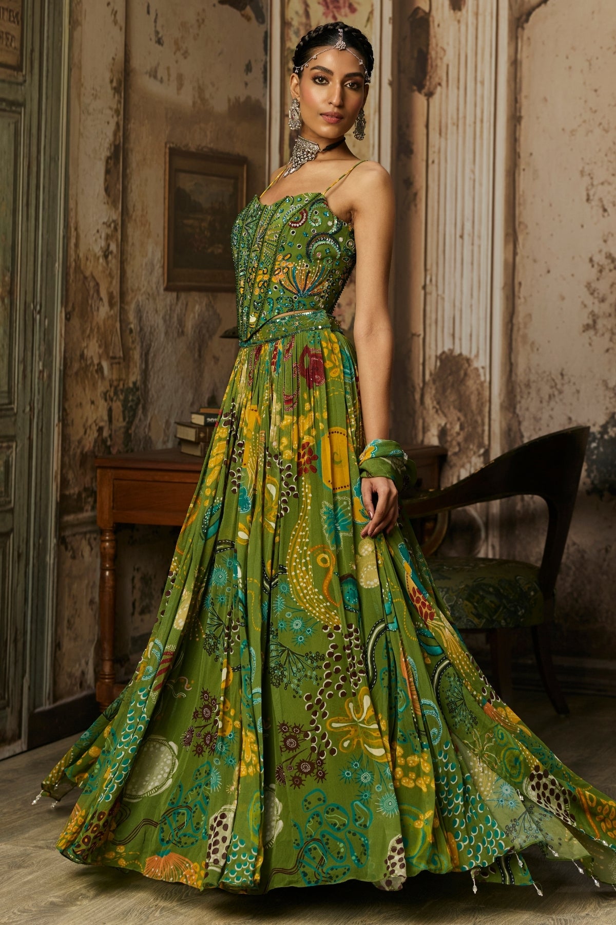 PEAR GREEN PRINTED AND HIGHLIGHTED CORSET LEHENGA SET