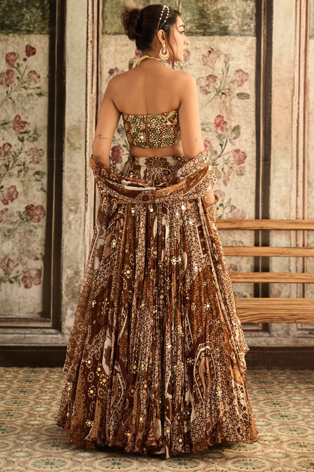 CARAMEL PRINT AND HIGHLIGHTED CORSET TOP WITH LEHENGA SET