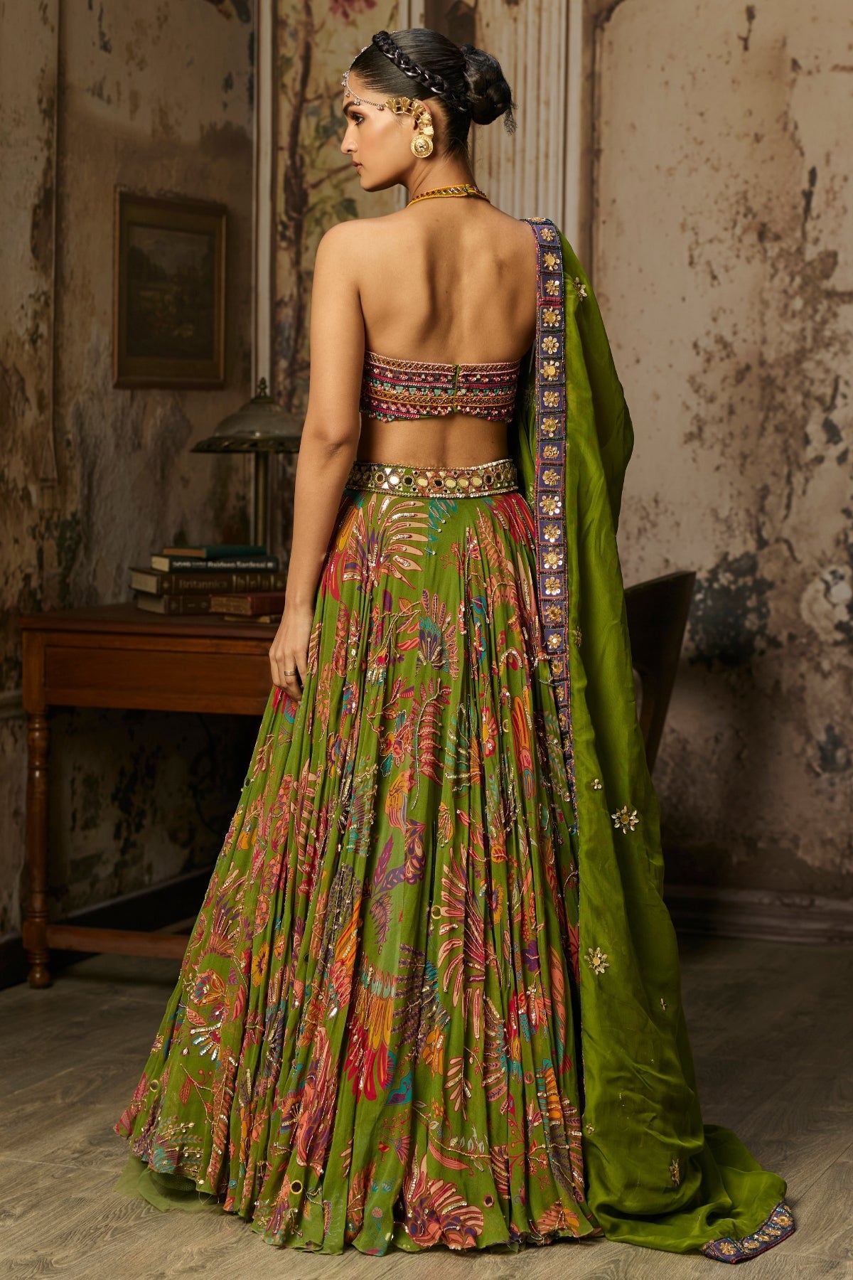 COLORFUL EMBROIDERED BLOUSE WITH PEAR GREEN LEHENGA SET