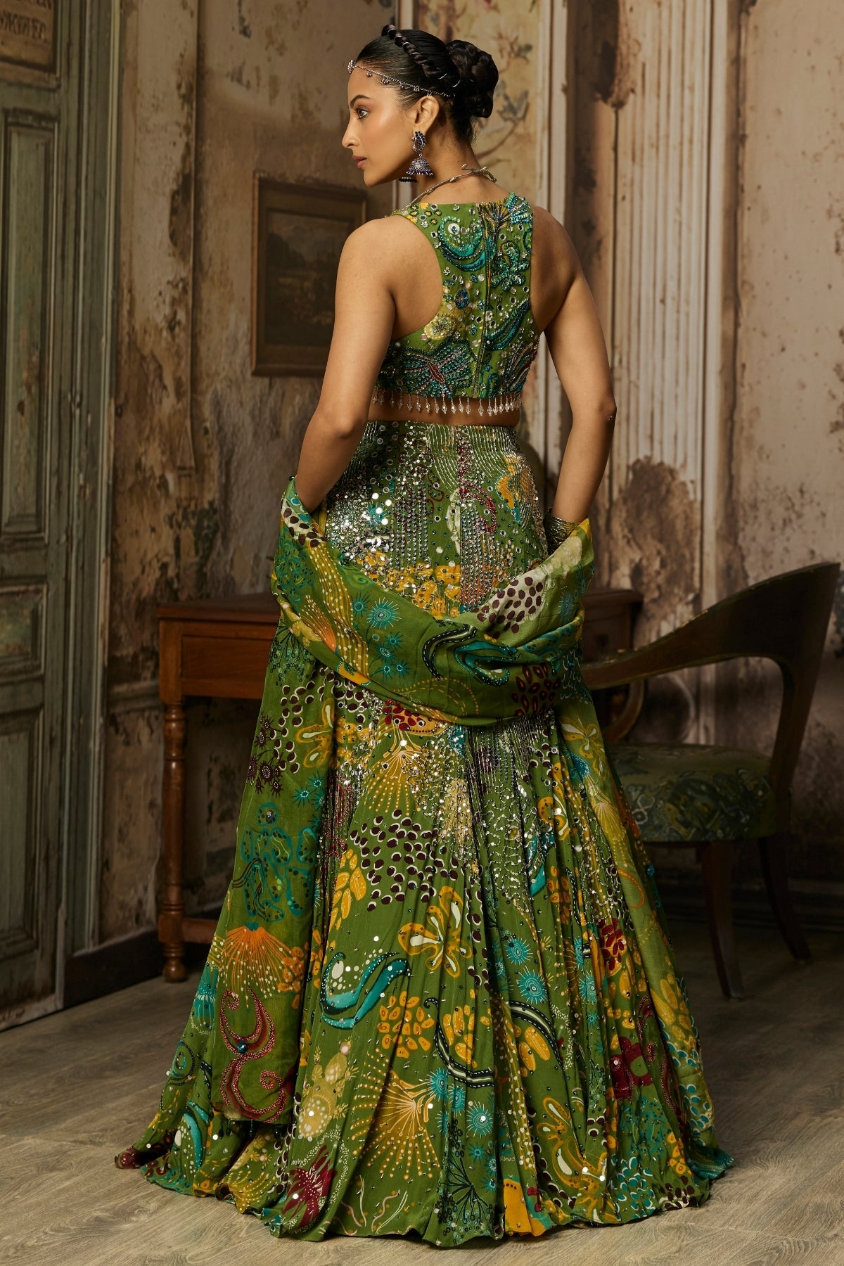 PEAR GREEN PRINTED AND HIGHLIGHTED MERMAID SKIRT SET