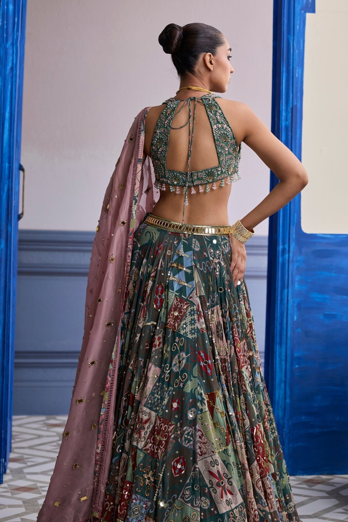 FOREST GREEN BUTTA BLOUSE WITH HIGHLIGHTED LEHENGA & EMBROIDERED DUPATTA SET