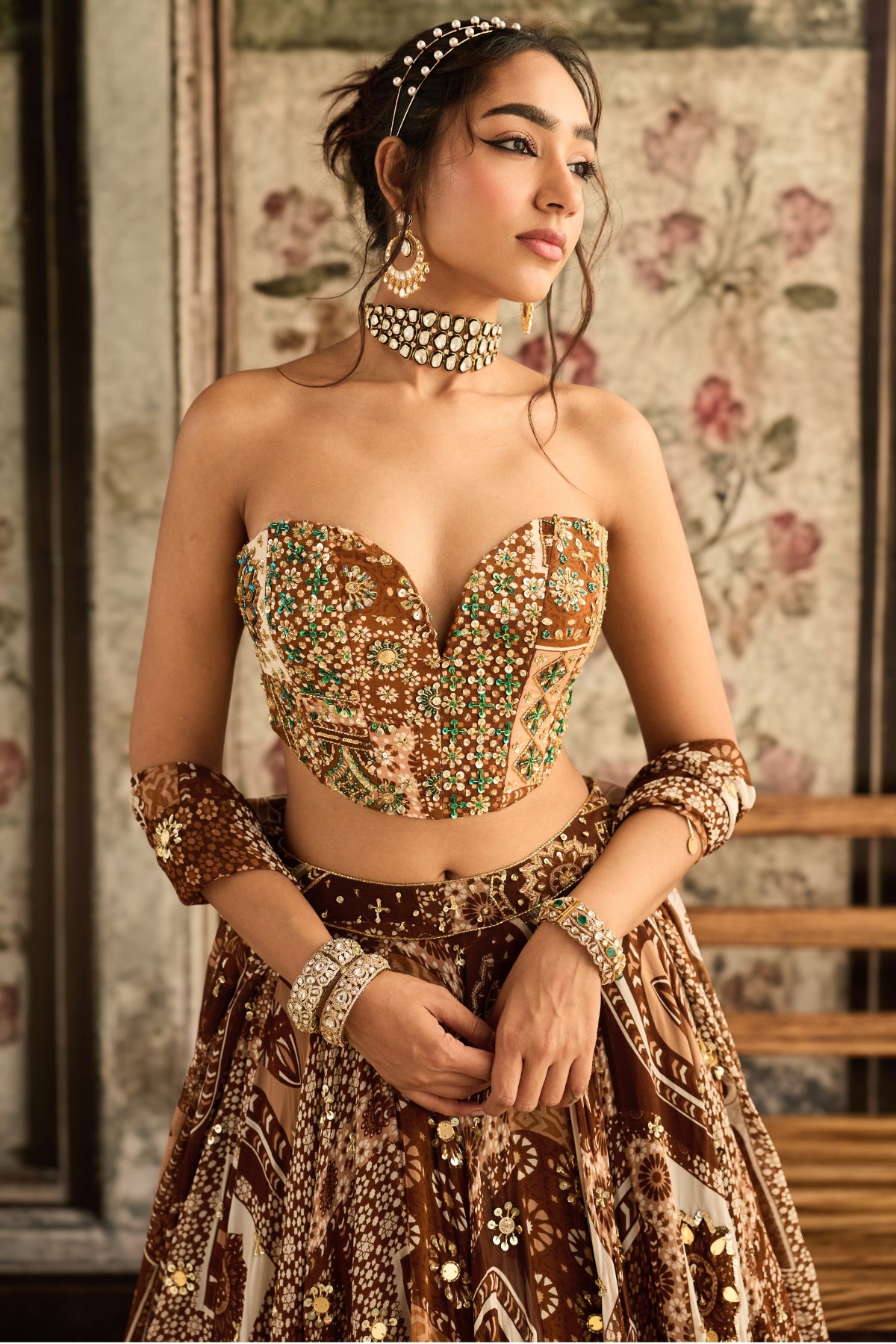 CARAMEL PRINT AND HIGHLIGHTED CORSET TOP WITH LEHENGA SET