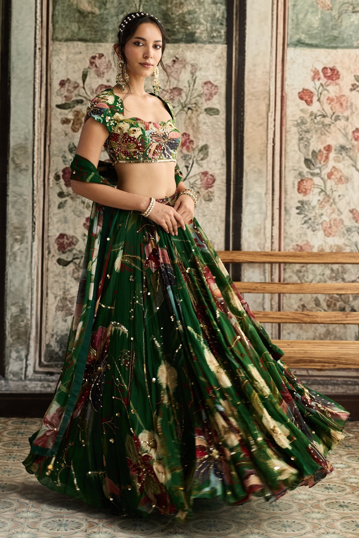 GREEN FLORAL PRINT AND HIGHLIGHTED LEHENGA SET
