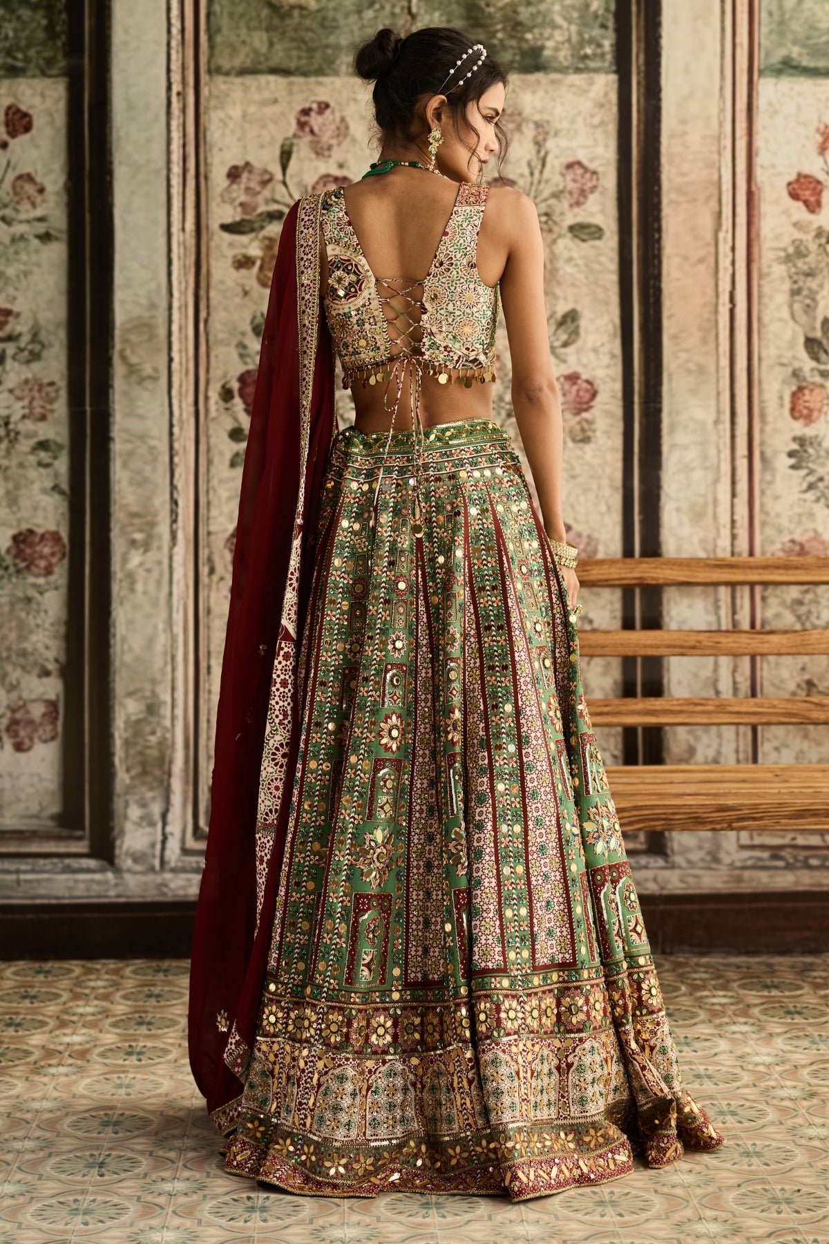 SAGE-MAROON PRINT AND HIGHLIGHTED LEHENGA SET