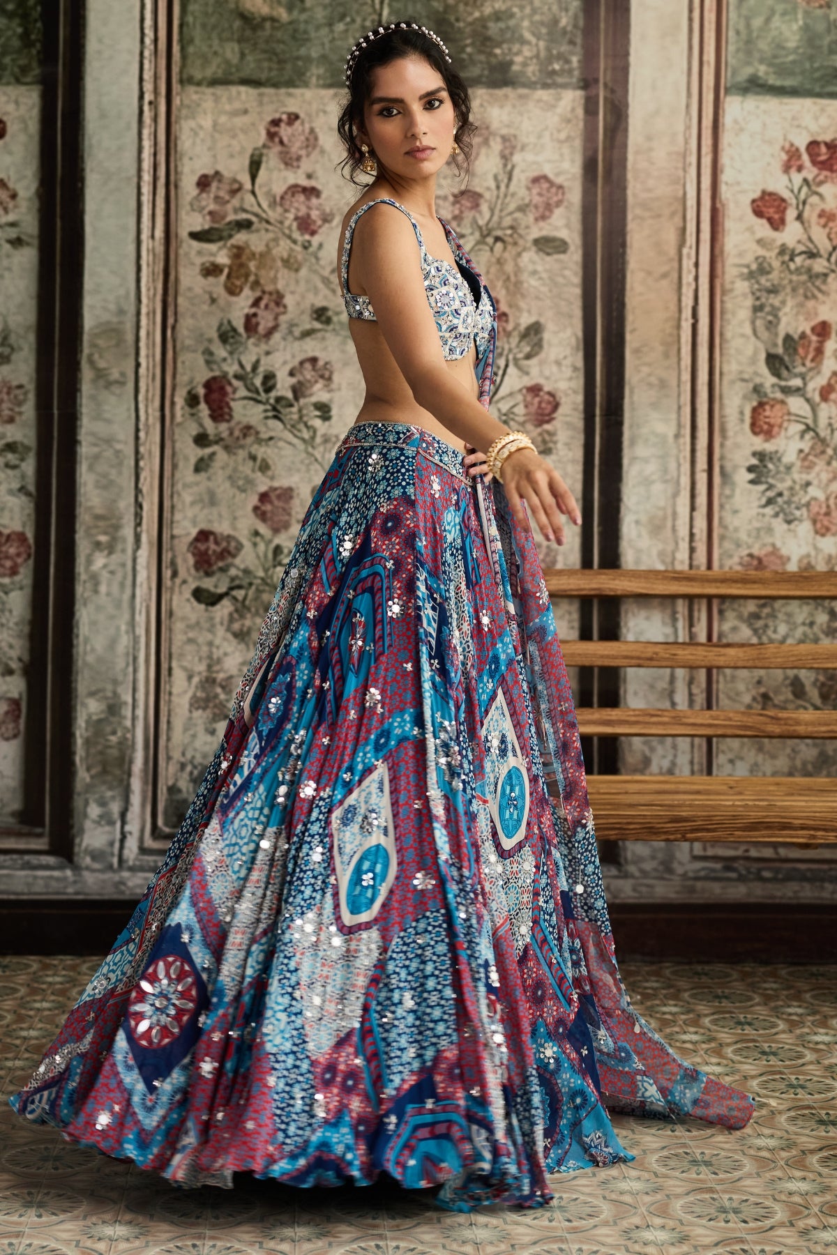 IVORY BUTTA PRINT AND HIGHLIGHTED BLOUSE WITH TEAL PRINT AND HIGHLIGHTED LEHENGA SET