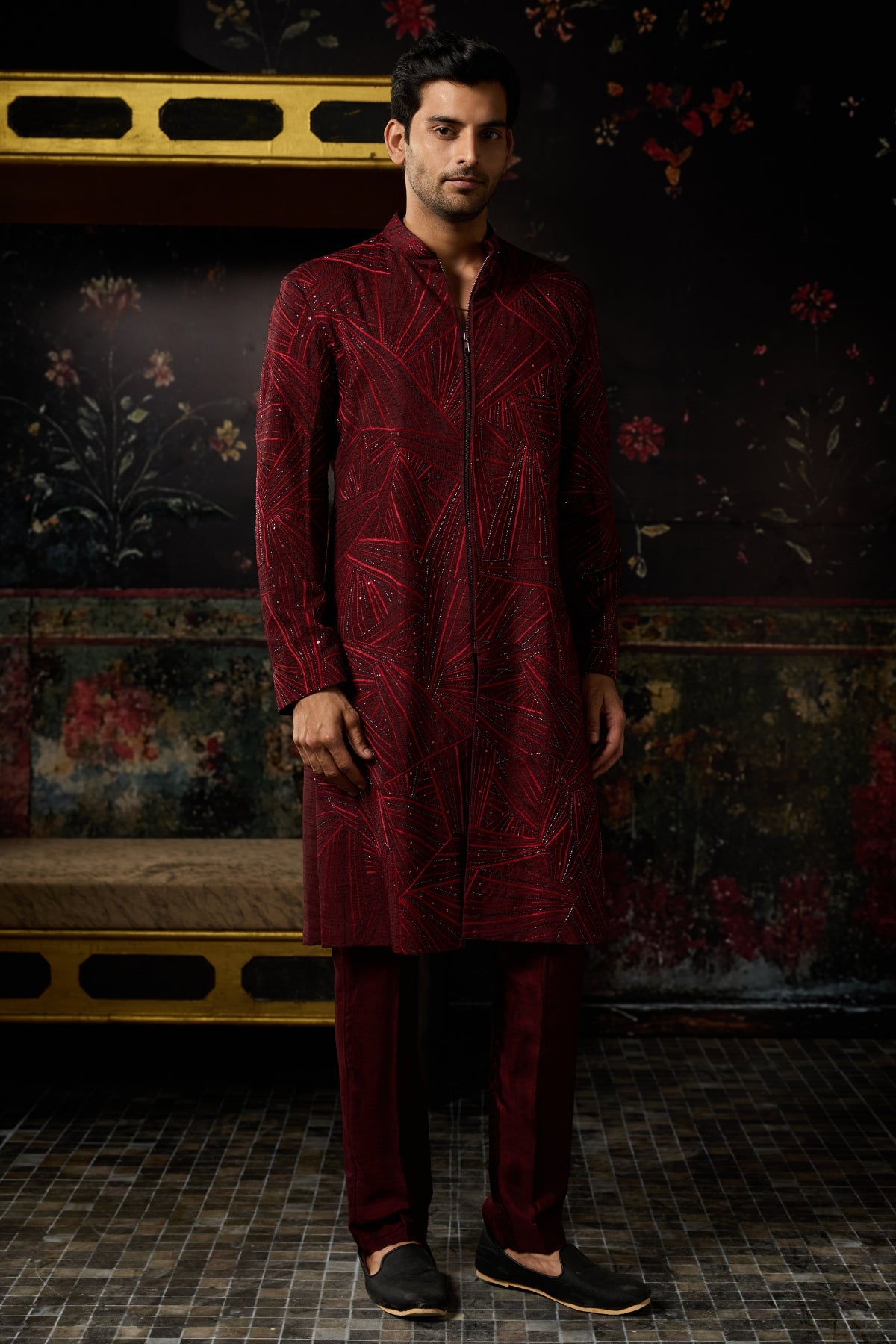 MAROON EMBROIDERED JACKET SET & PANTS