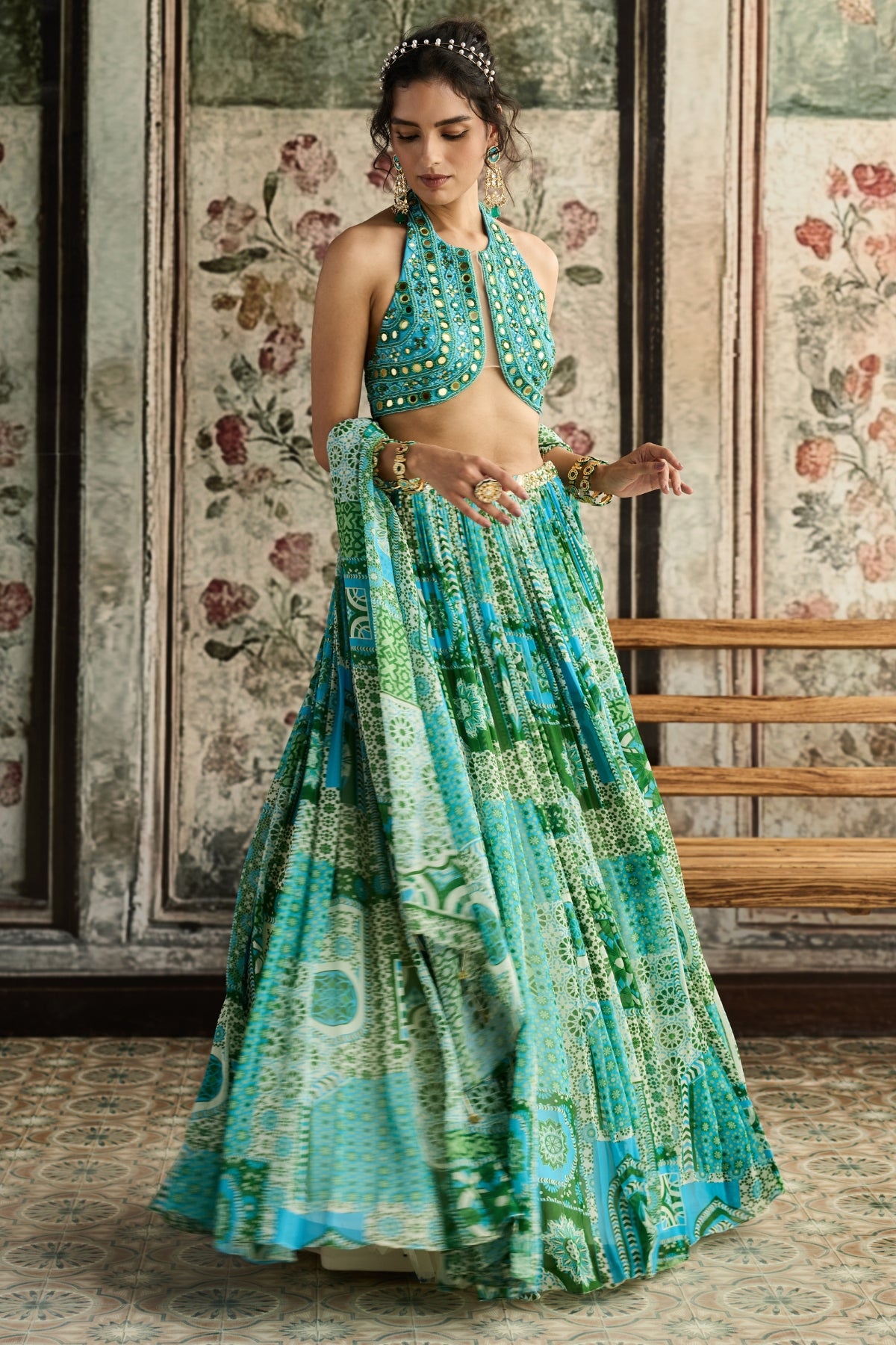 AQUA EMBROIDERED BLOUSE AND AQUA PRINT AND HIGHLIGHTED LEHENGA SET