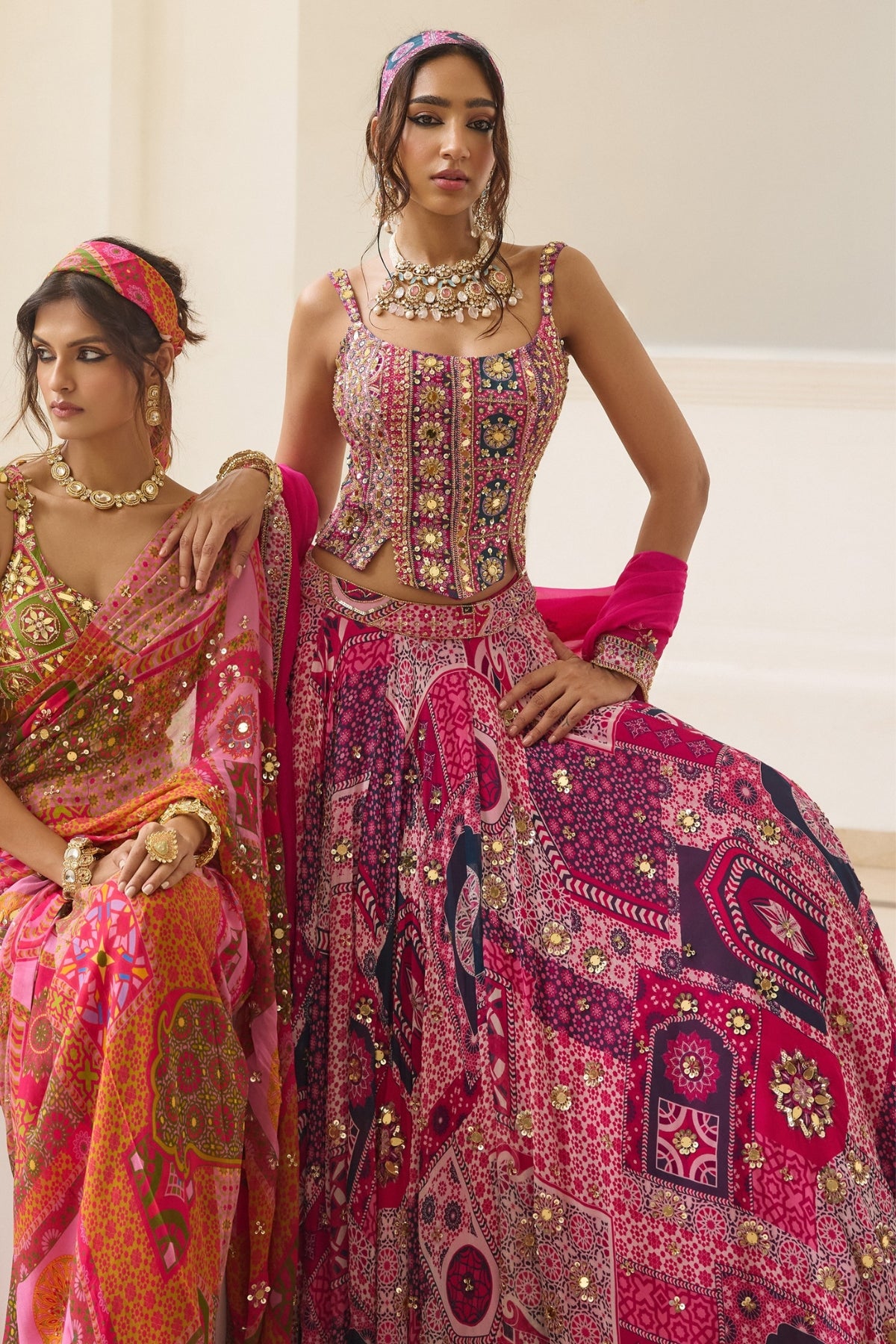 FUSCHIA PRINT AND HIGHLIGHTED CORSET BLOUSE LEHENGA SET