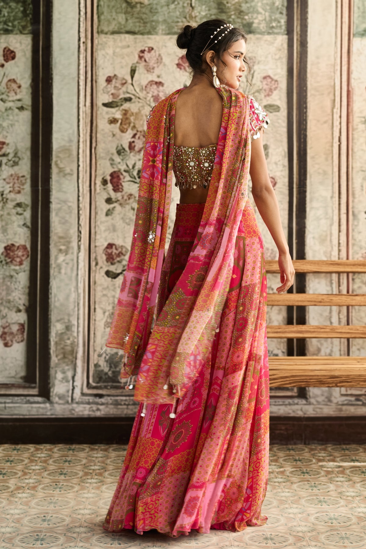 YELLOW-FUSCHIA PRINT AND HIGHLIGHTED SHARARA SET