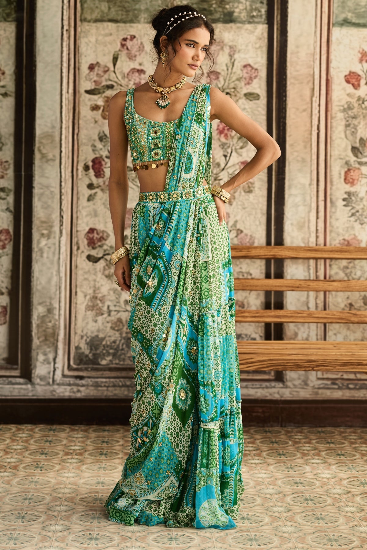 AQUA PRINT AND HIGHLIGHTED TIERED SAREE SET
