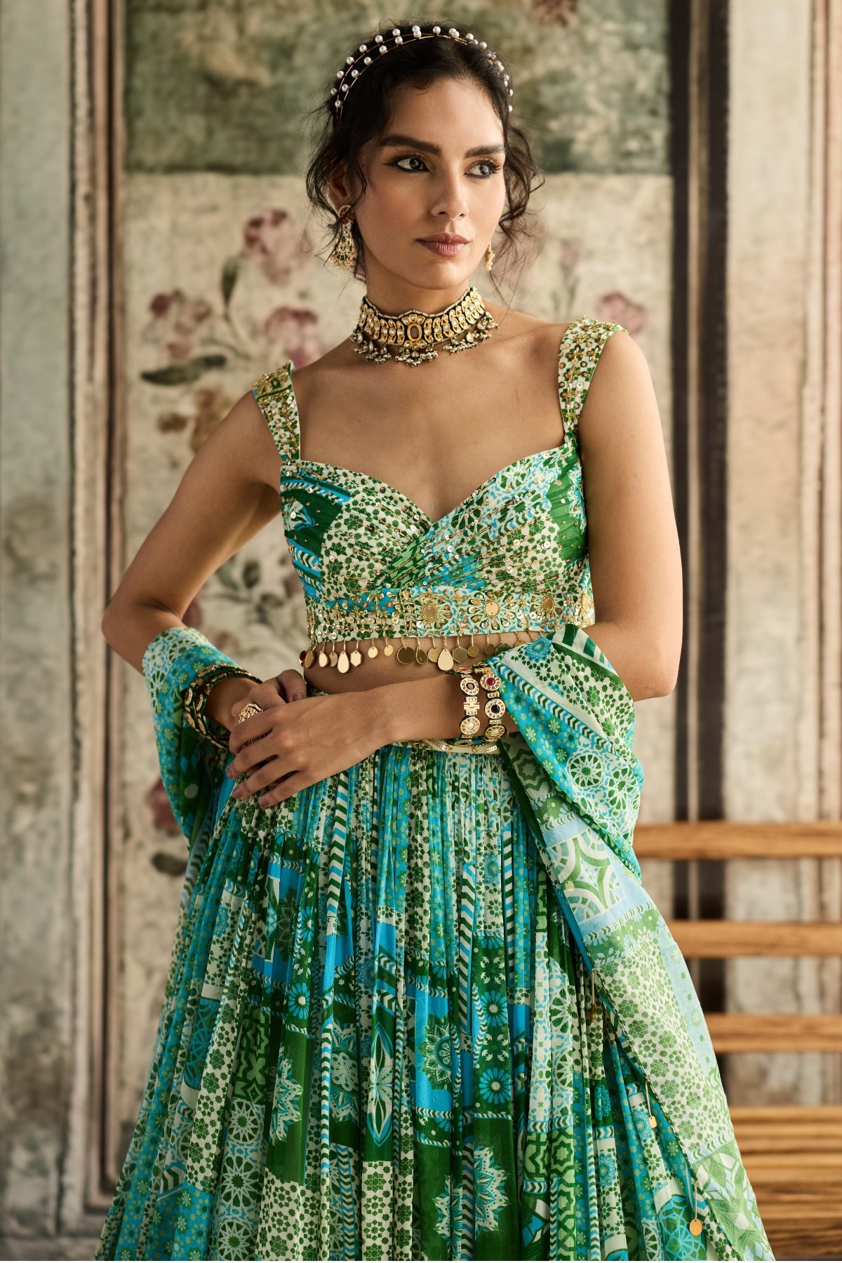 AQUA PRINT AND HIGHLIGHTED RUCHED BLOUSE LEHENGA SET