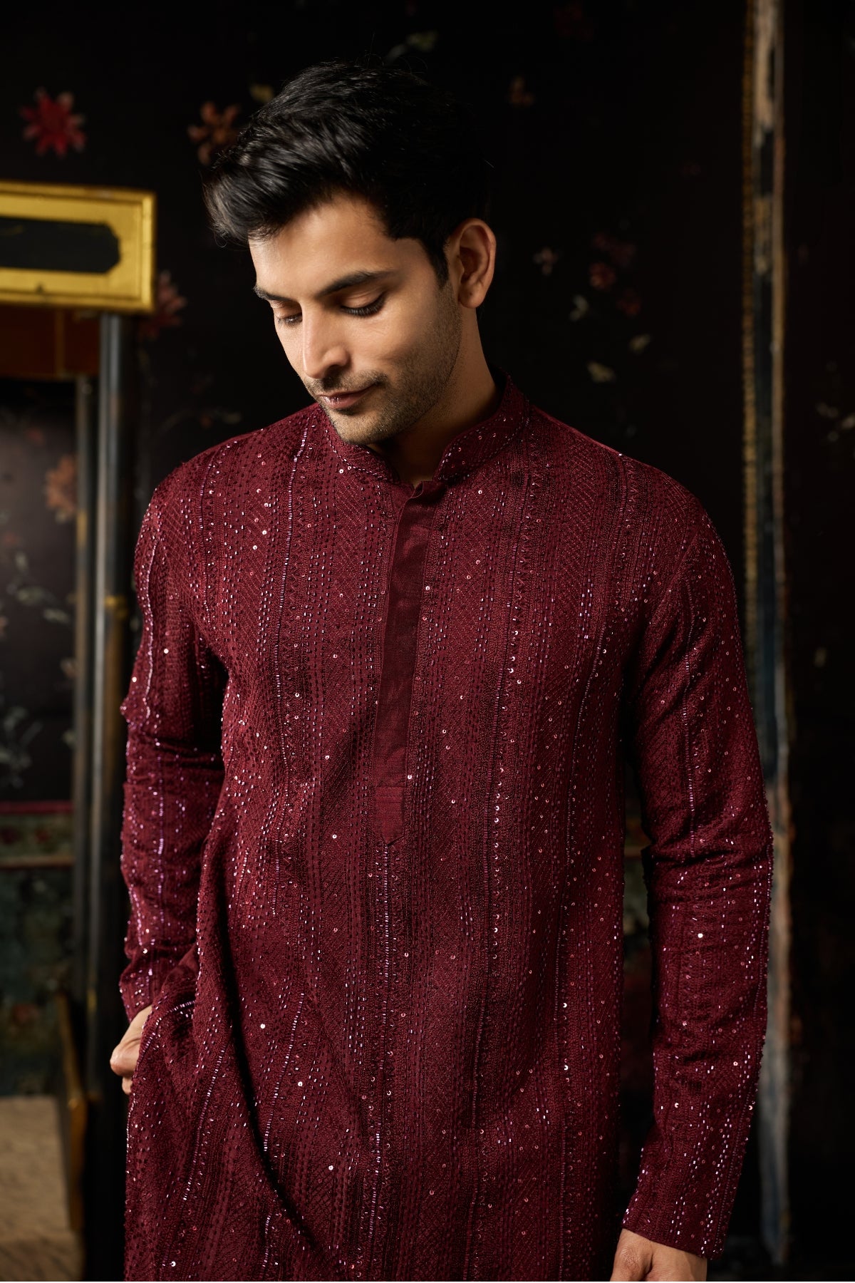 MAROON HEAVY EMBROIDERED KURTA & PANTS