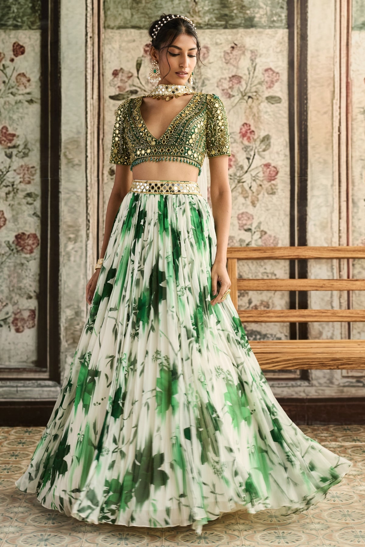 IVORY & GREEN FLORAL PRINTED LEHENGA SET