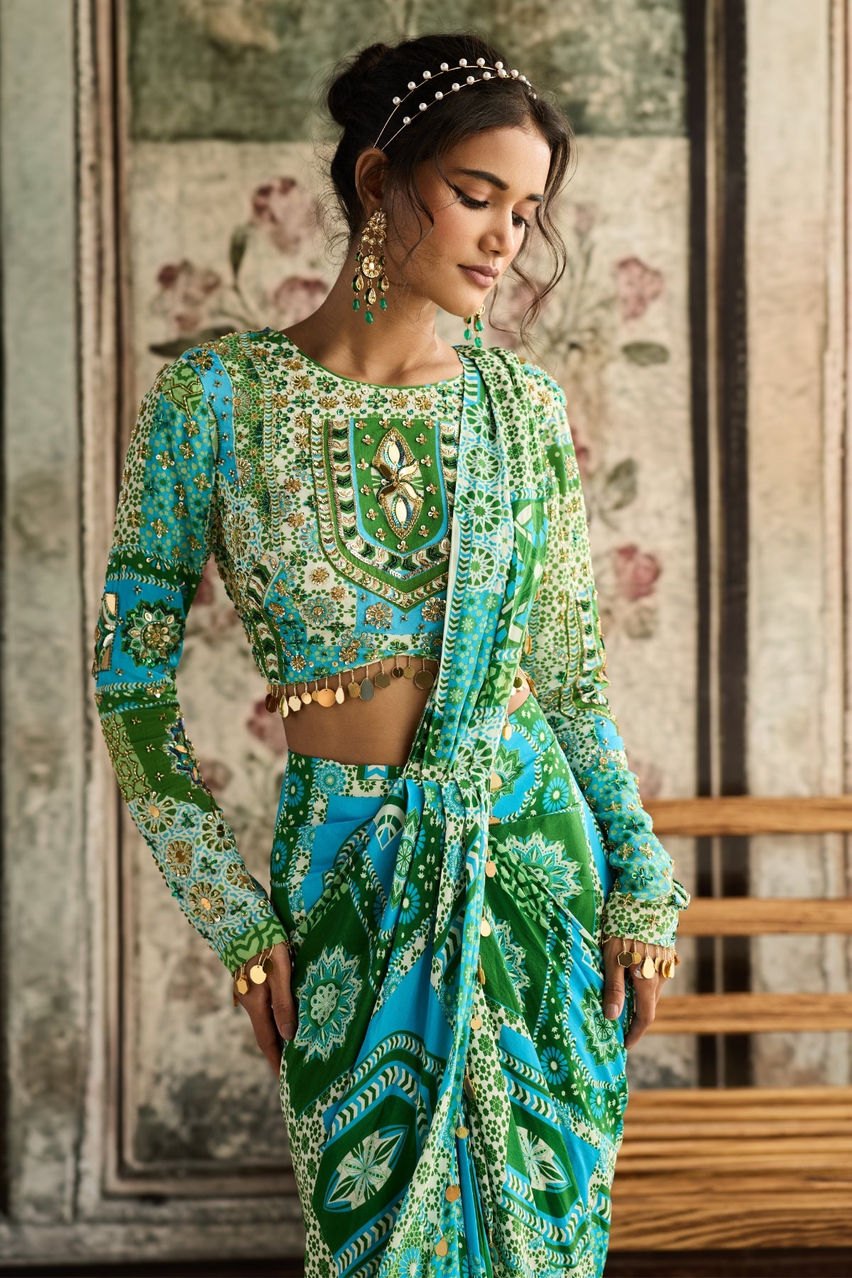 AQUA PRINT AND HIGHLIGHTED DHOTI SAREE SET