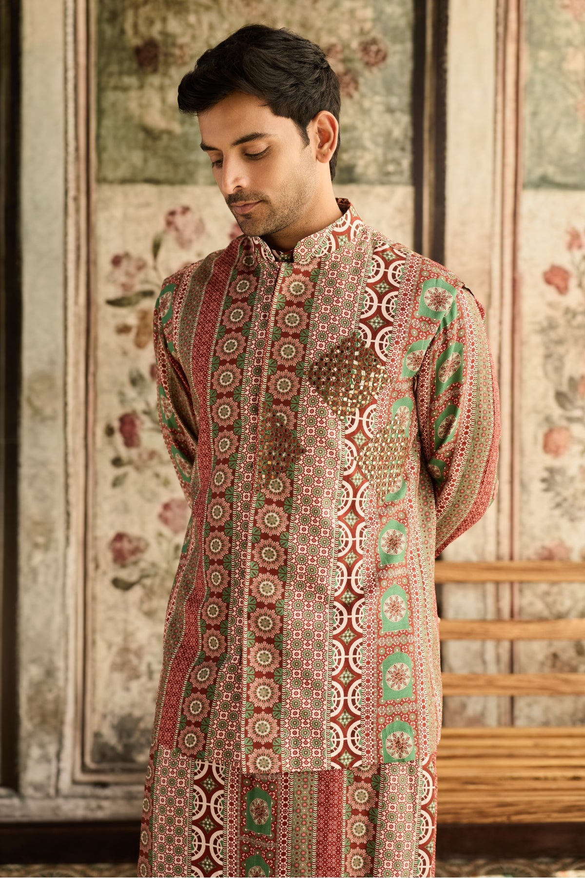 SAGE & MAROON PRINT & HIGHLIGHTED BUNDY, KURTA & PANTS