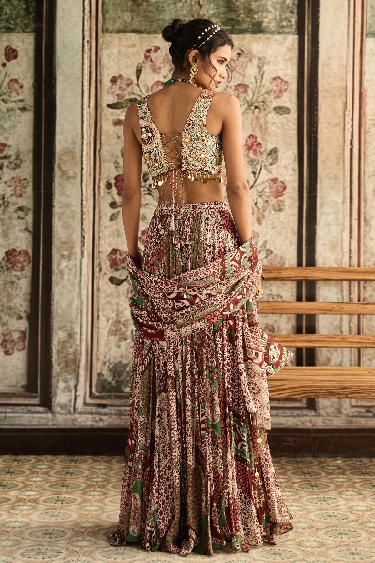 SAGE-MAROON PRINTED LEHENGA SET
