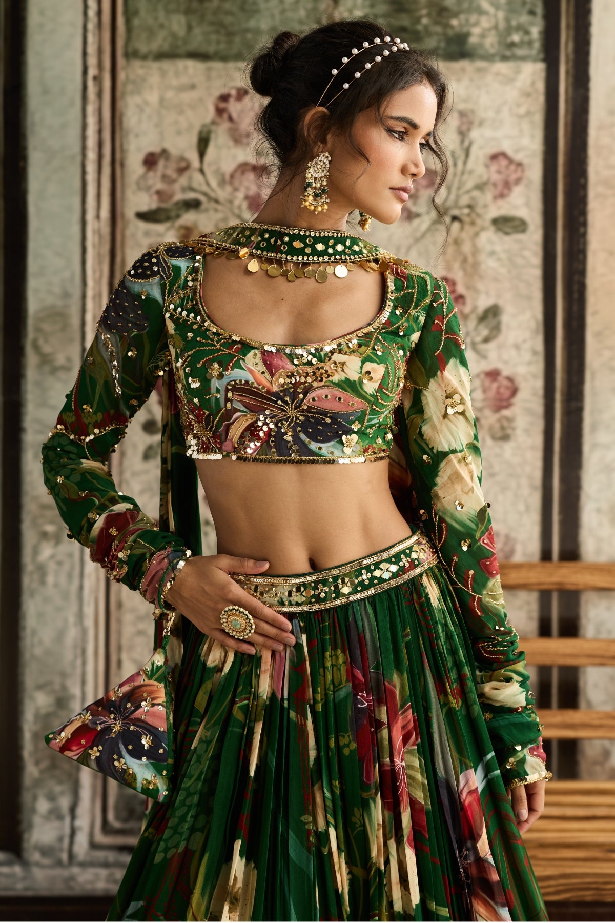 GREEN FLORAL PRINTED LEHENGA SET