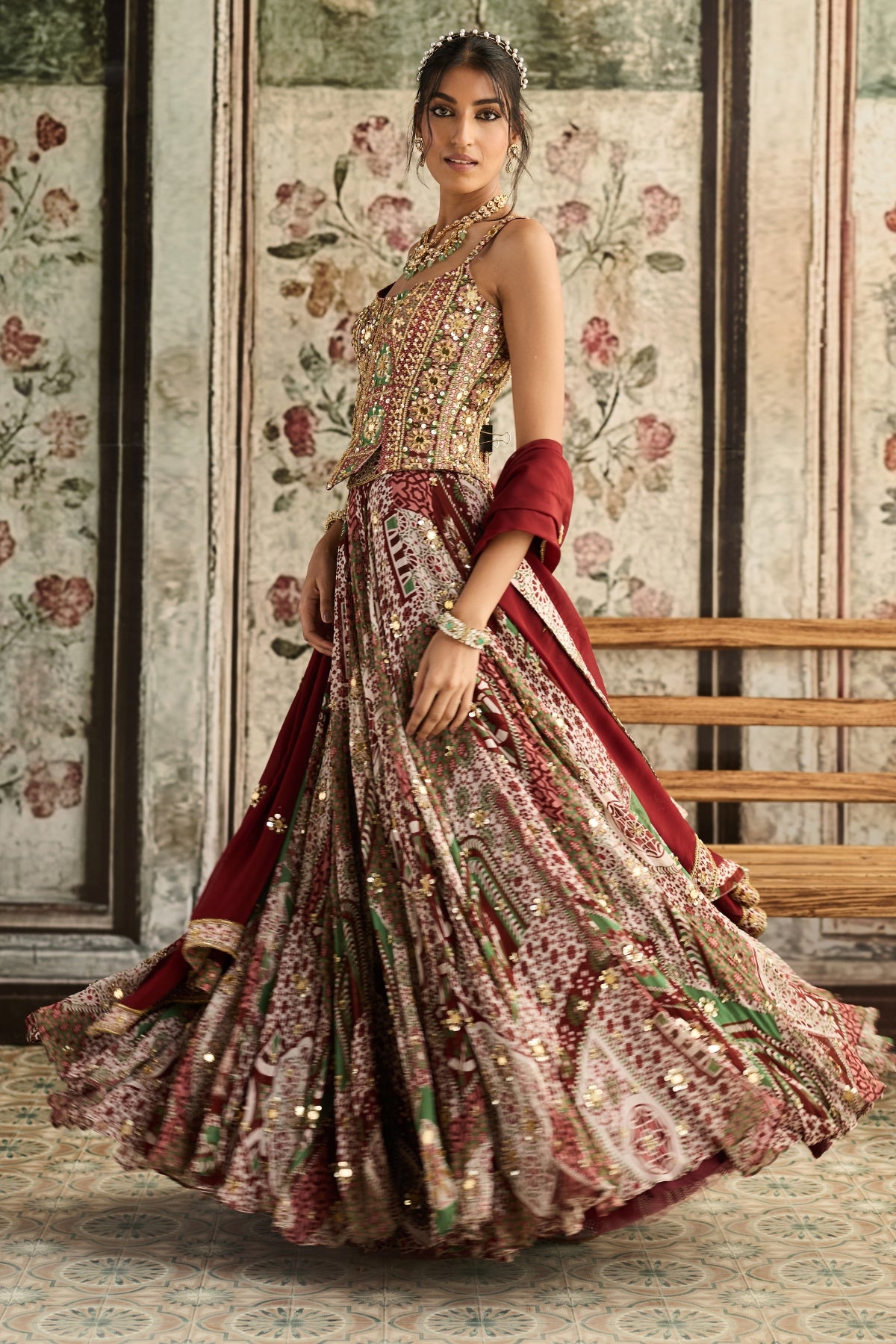 SAGE-MAROON PRINT AND HIGHLIGHTED CORSET BLOUSE LEHENGA SET
