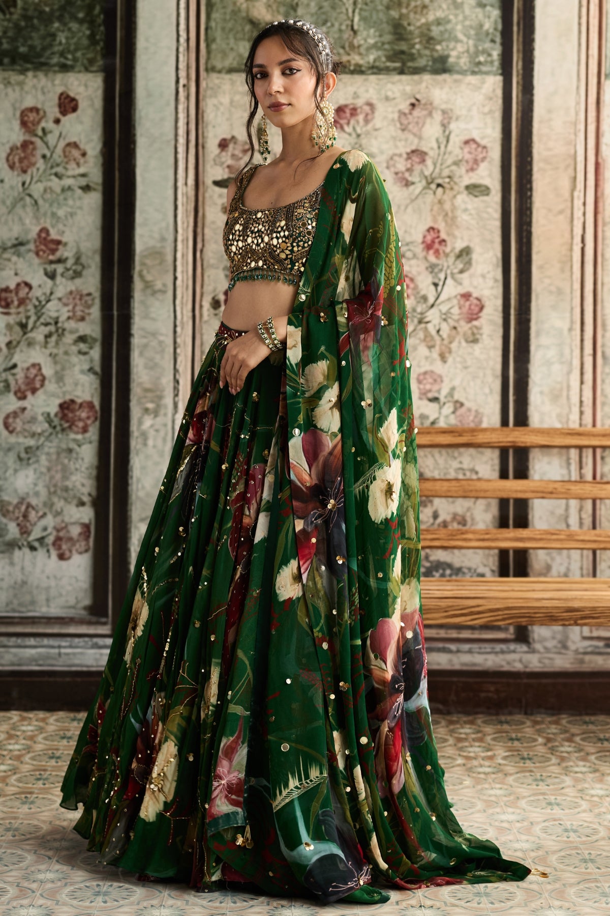 GREEN FLORAL PRINT AND HIGHLIGHTED LEHENGA SET