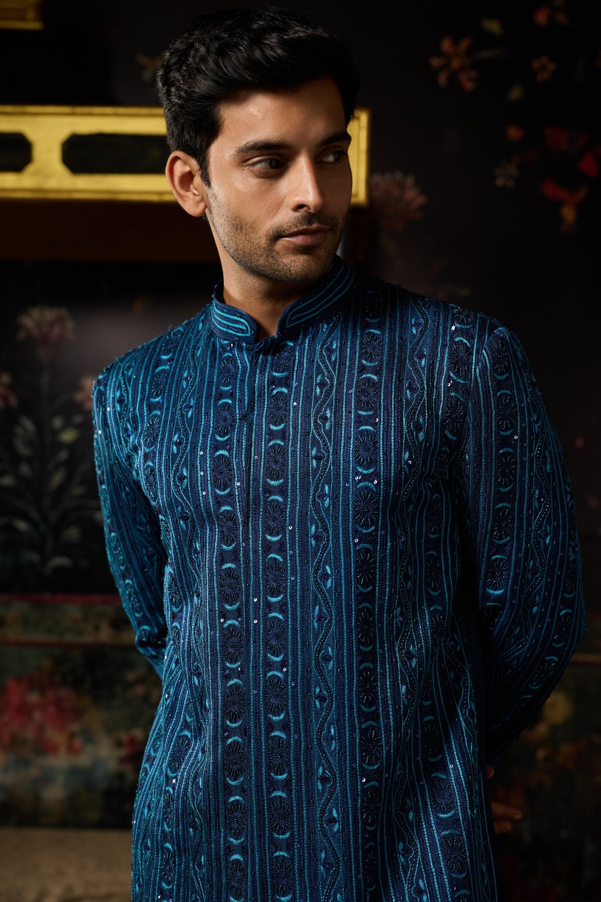 BLUE EMBROIDERED JACKET SET WITH BLUE PANTS