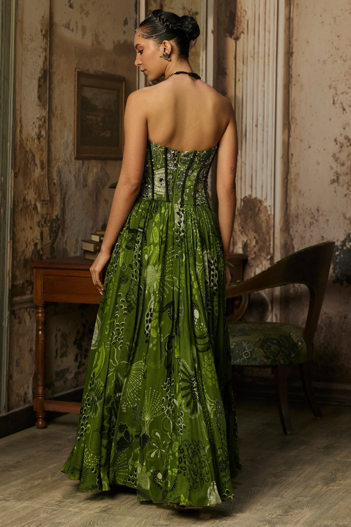PEAR GREEN PRINT AND HIGHLIGHTED CORSET GOWN
