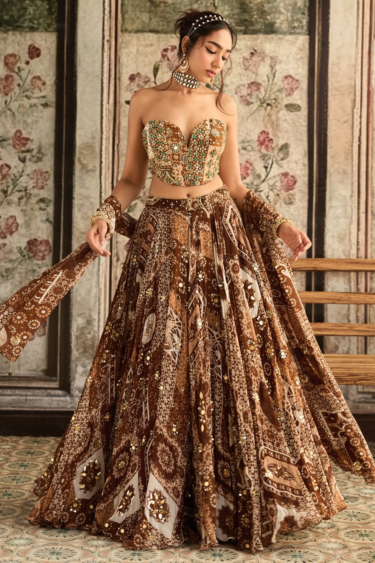 CARAMEL PRINT AND HIGHLIGHTED CORSET TOP WITH LEHENGA SET