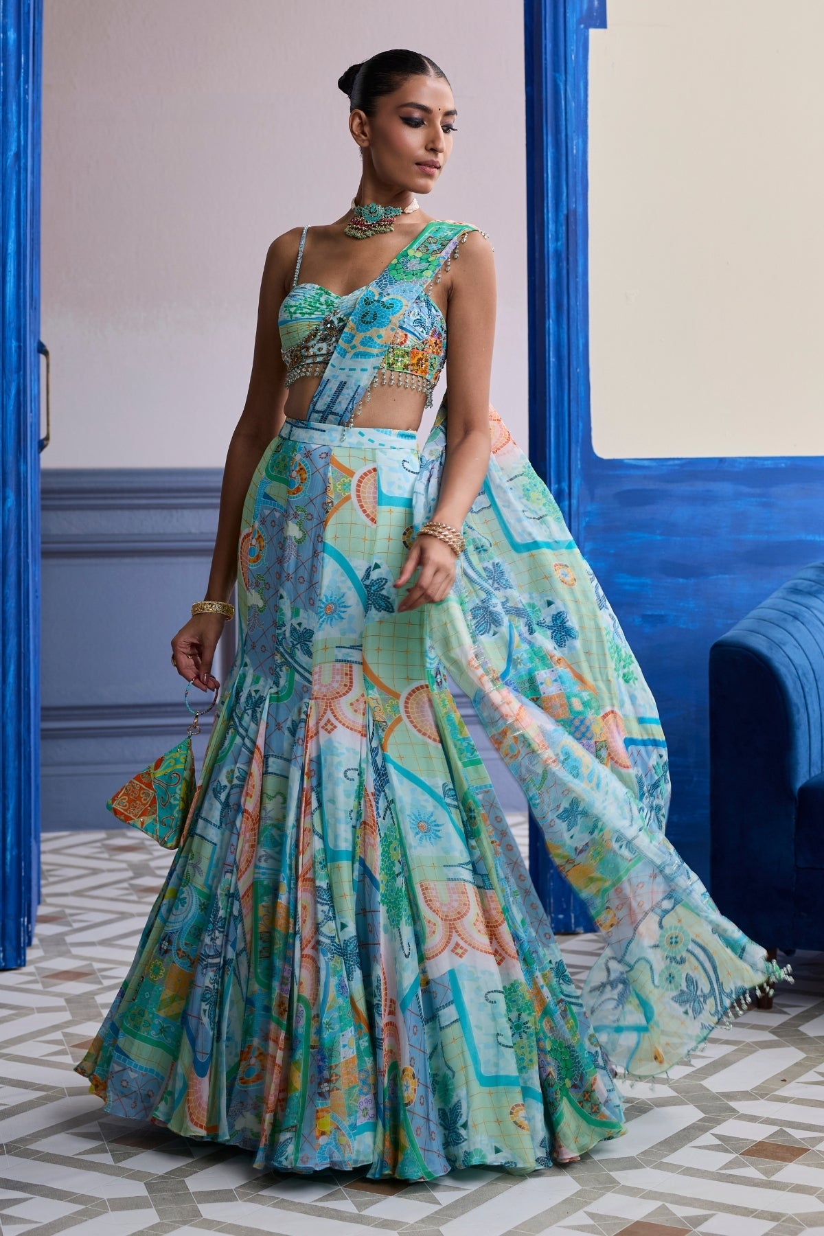 AQUA BLUE MOSAIC RUCHED BLOUSE WITH DRAPED MERMAID SAREE SET