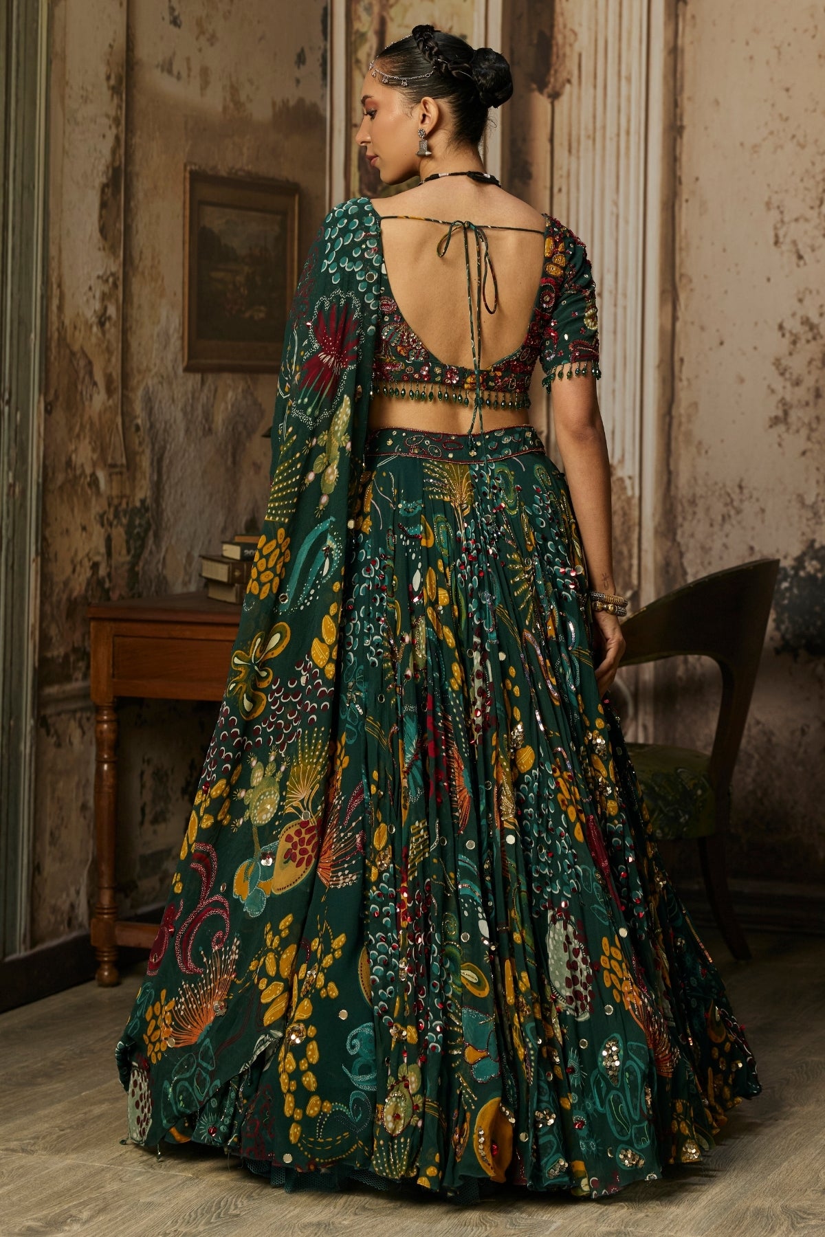 DARK GREEN PRINTED AND HIGHLIGHTED LEHENGA SET