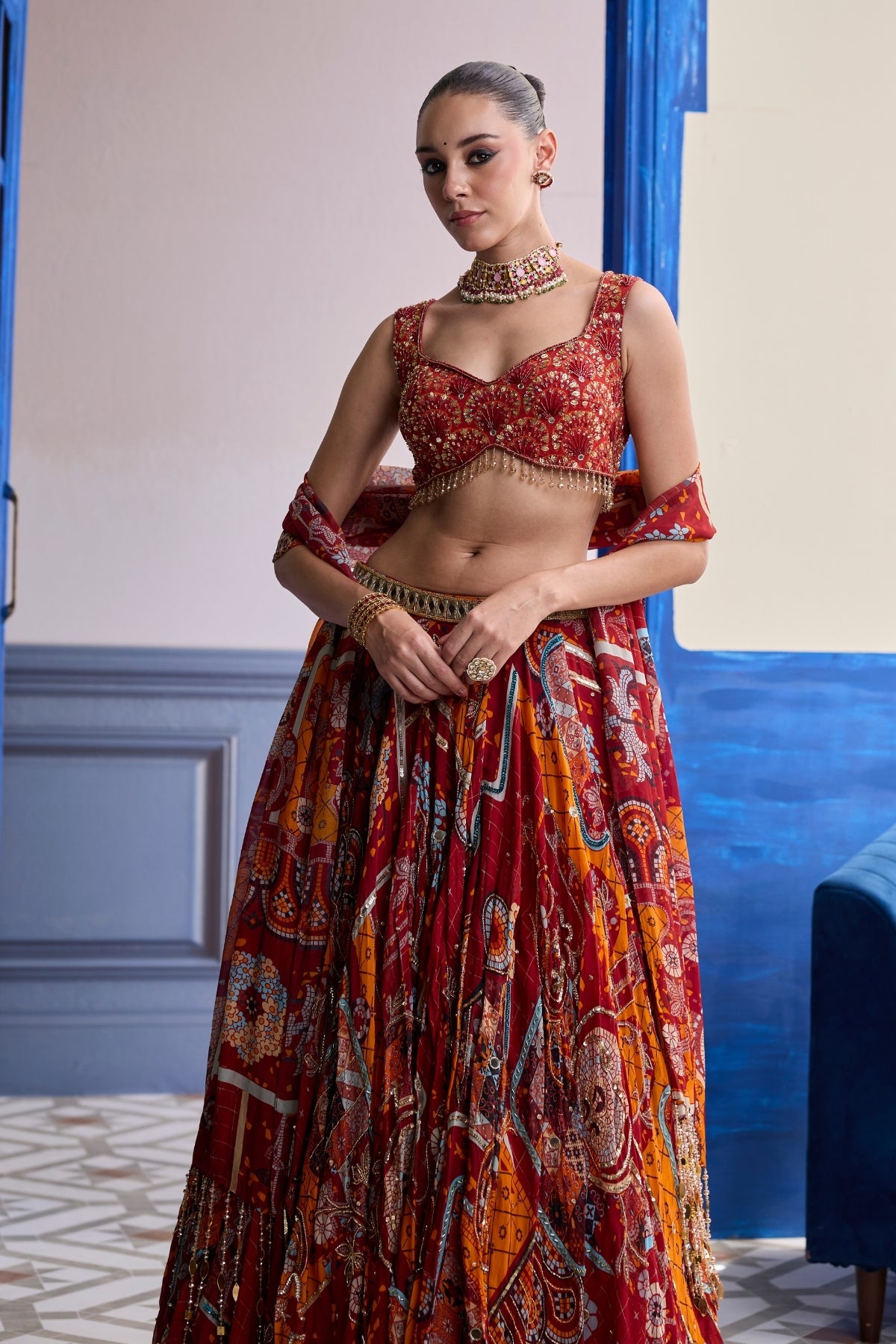 RUST MOSAIC SWEETHEART BLOUSE WITH LEHENGA & TASSEL DUPATTA SET