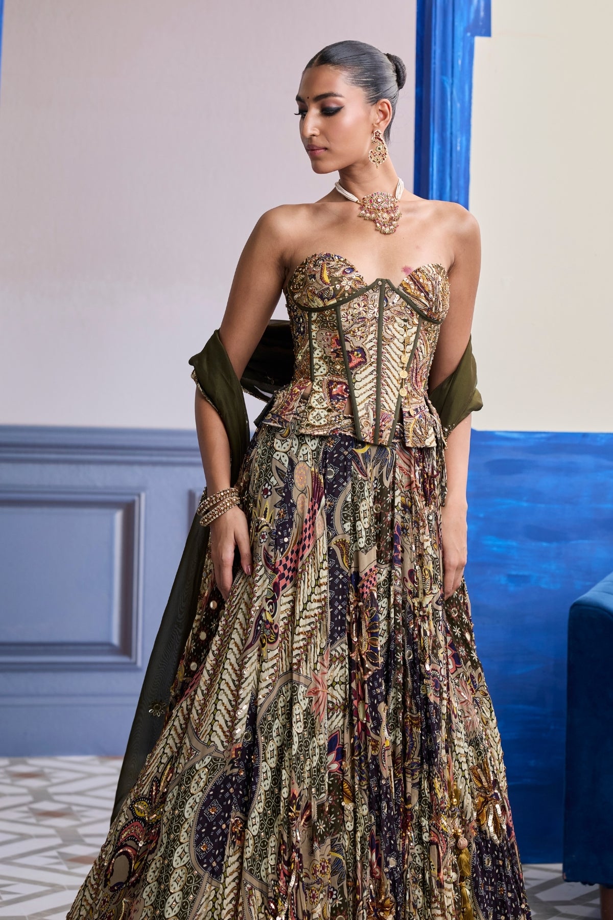 OLIVE PRINT CORSET WITH HIGHLIGHTED LEHENGA & EMBROIDERED DUPATTA SET