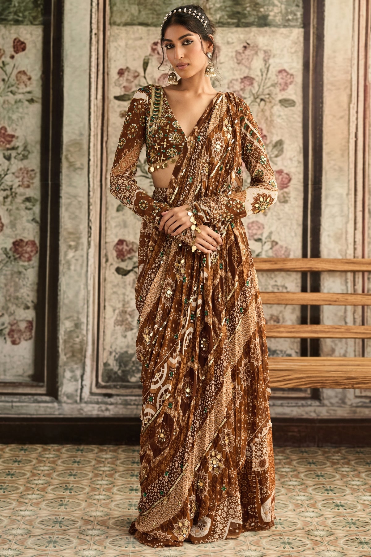 CARAMEL PRINT AND HIGHLIGHTED PLUNGE NECK BLOUSE WITH SHARARA SAREE SET