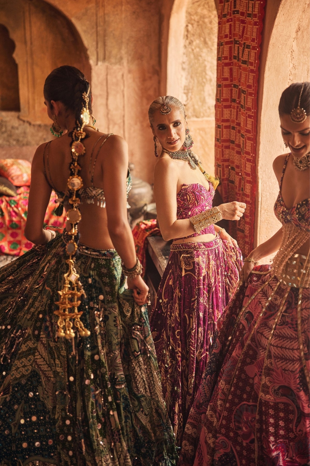 GREEN FLORAL BLOUSE WITH STATEMENT HIGHLIGHTED LEHENGA SET