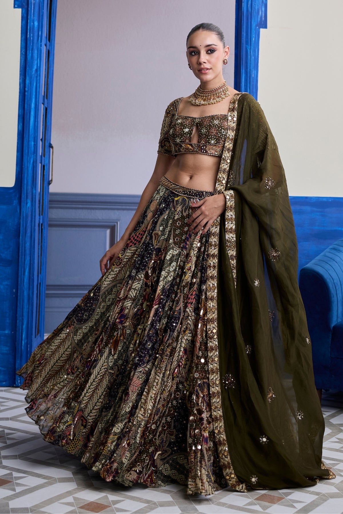OLIVE PRINT BLOUSE WITH HIGHLIGHTED LEHENGA & EMBROIDERED DUPATTA SET
