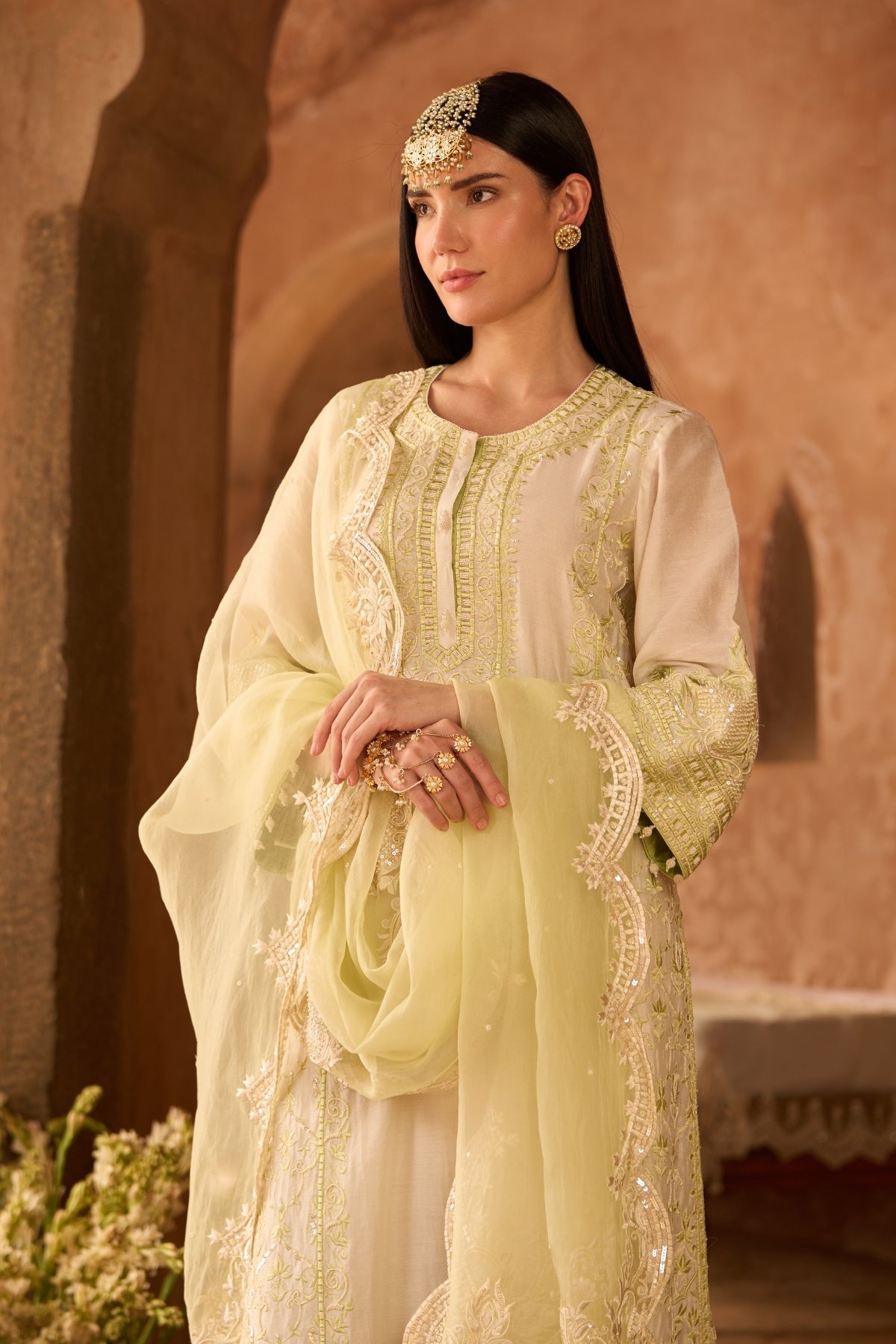 Ena - Daisy Ivory With Mint Green Long A-line Kurta With Palazzo And Dupatta