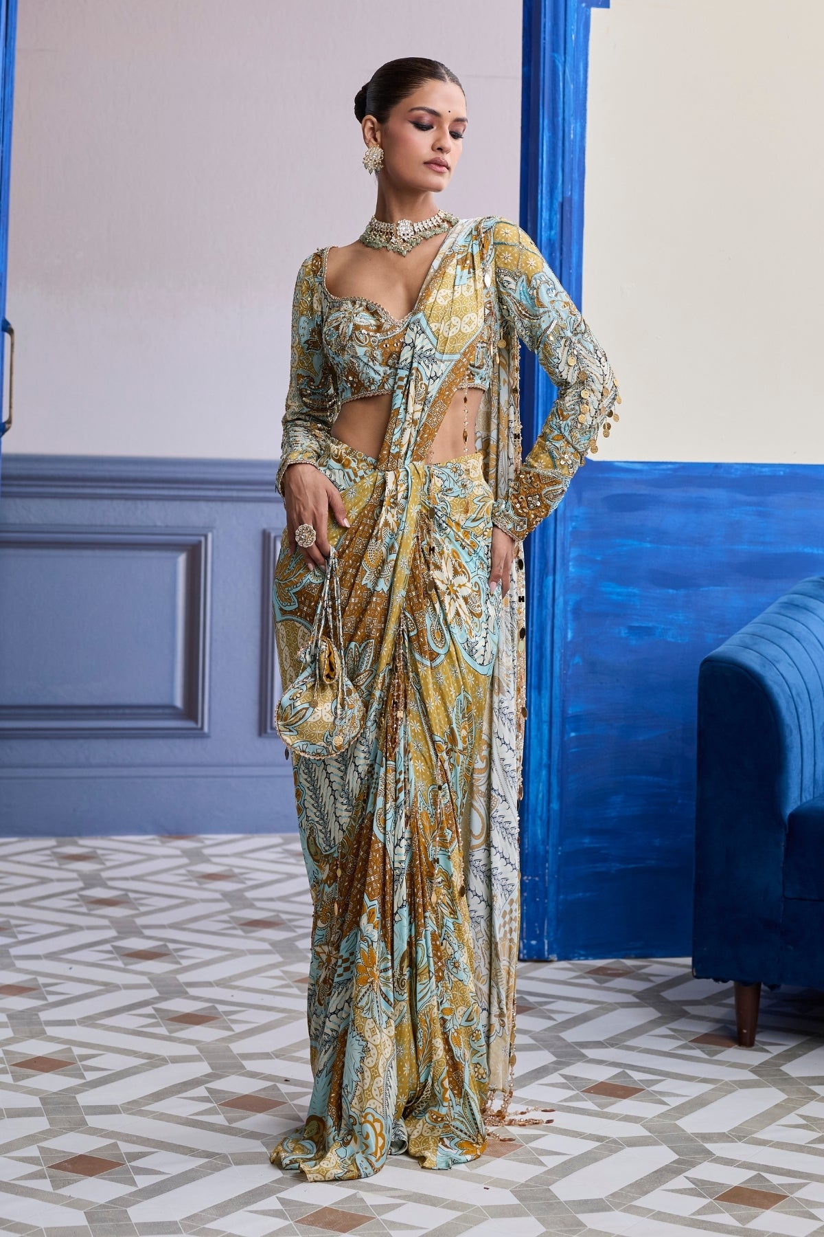 YELLOW FLORAL BLOUSE WITH COORDINATED PRINTED DHOTI SAREE SET