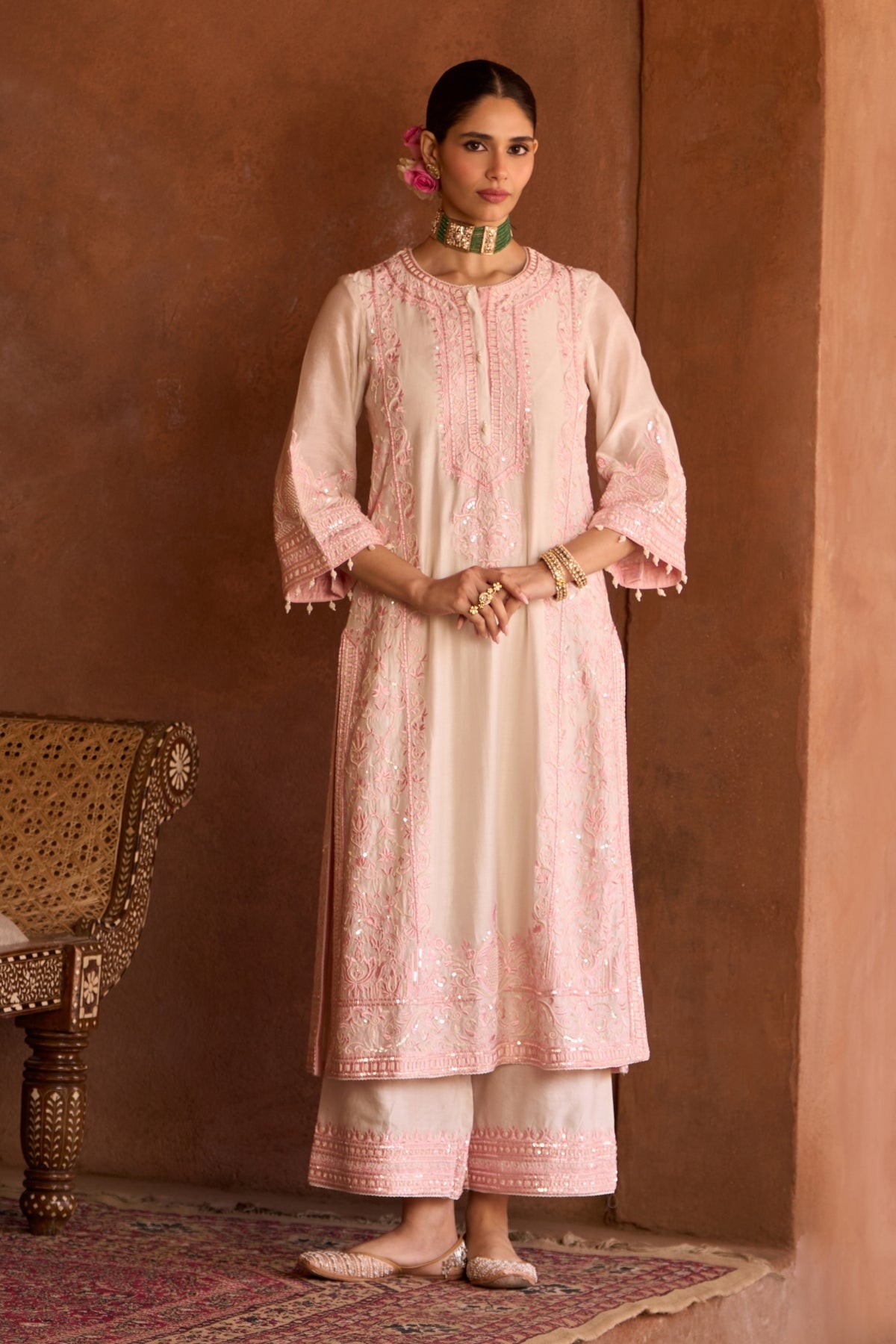 Ena - Daisy Ivory With Pink Long A-line Kurta With Palazzo And Dupatta