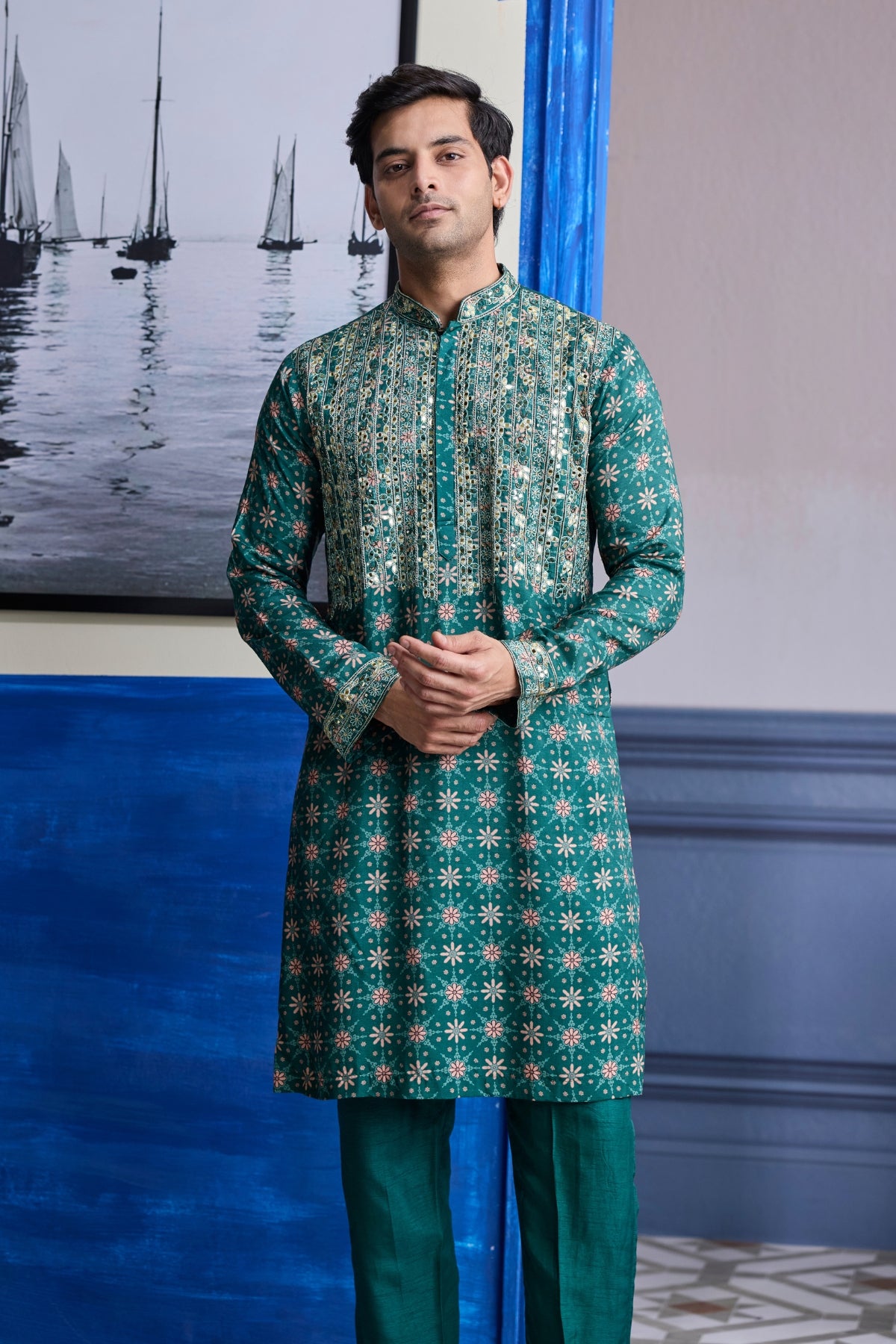 TEAL GREEN BUTTA HIGHLIGHTED KURTA WITH SOLID PANTS