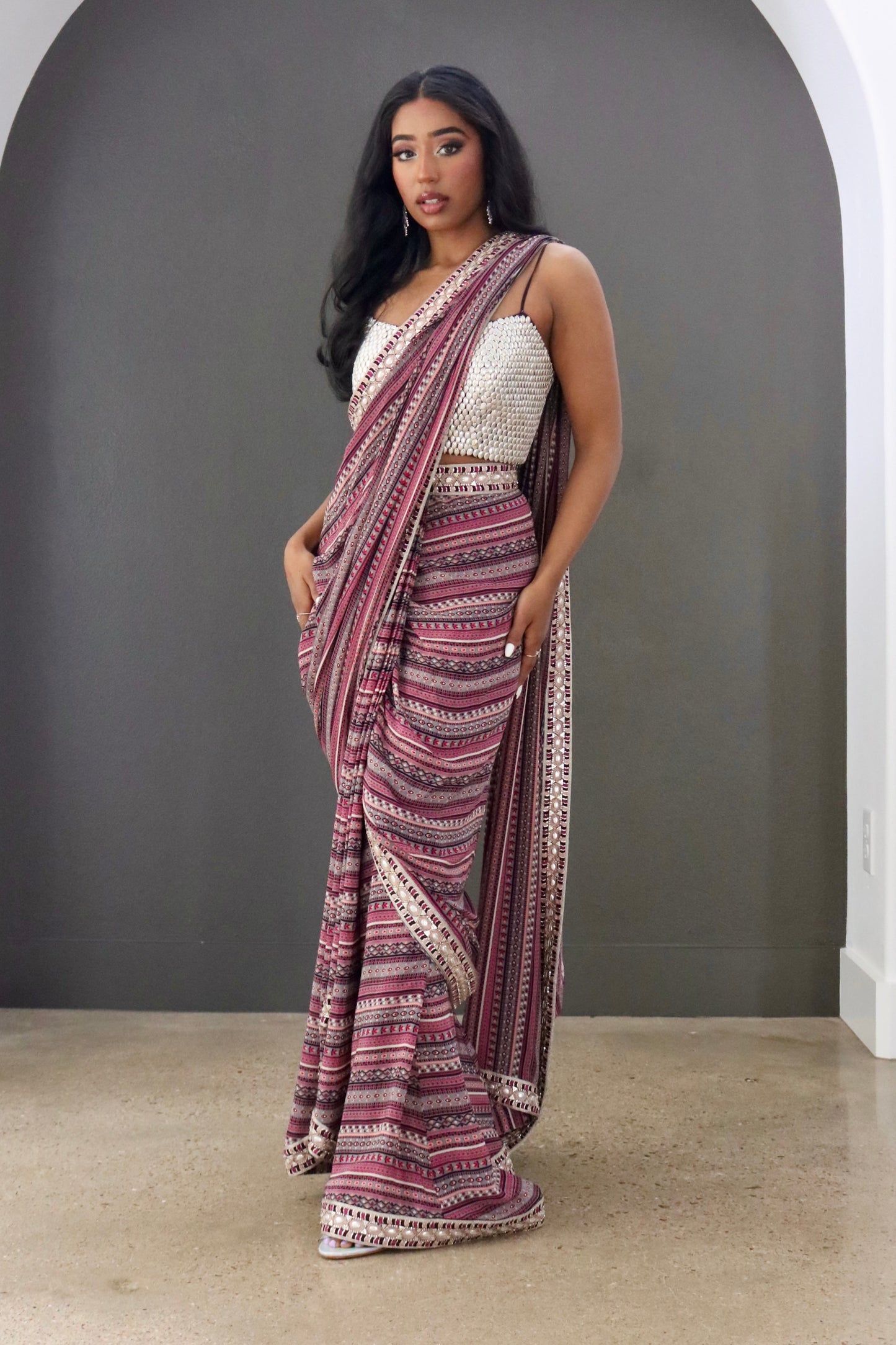 Merlot Boho Striped Cascading Saree