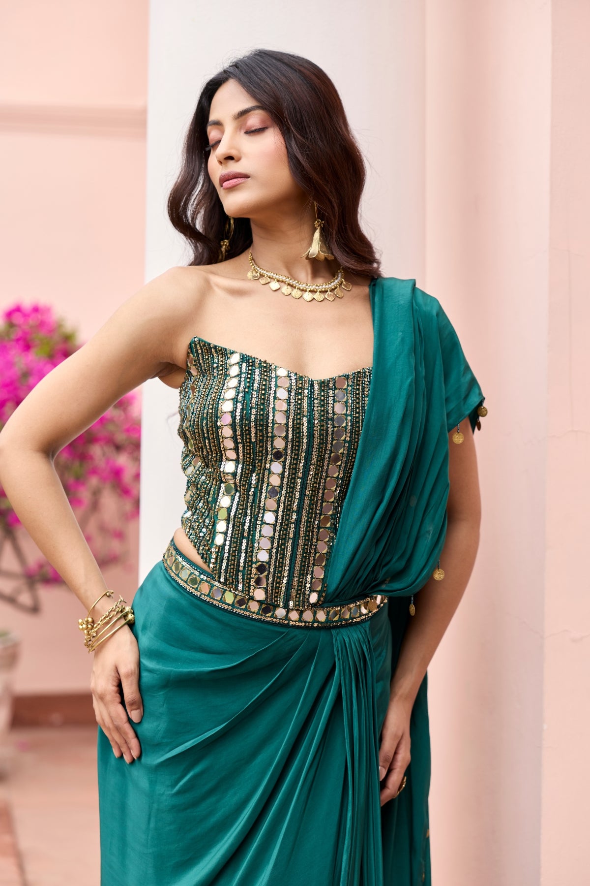 BOTTTLE GREEN EMBROIDERED CORSET SAREE SET