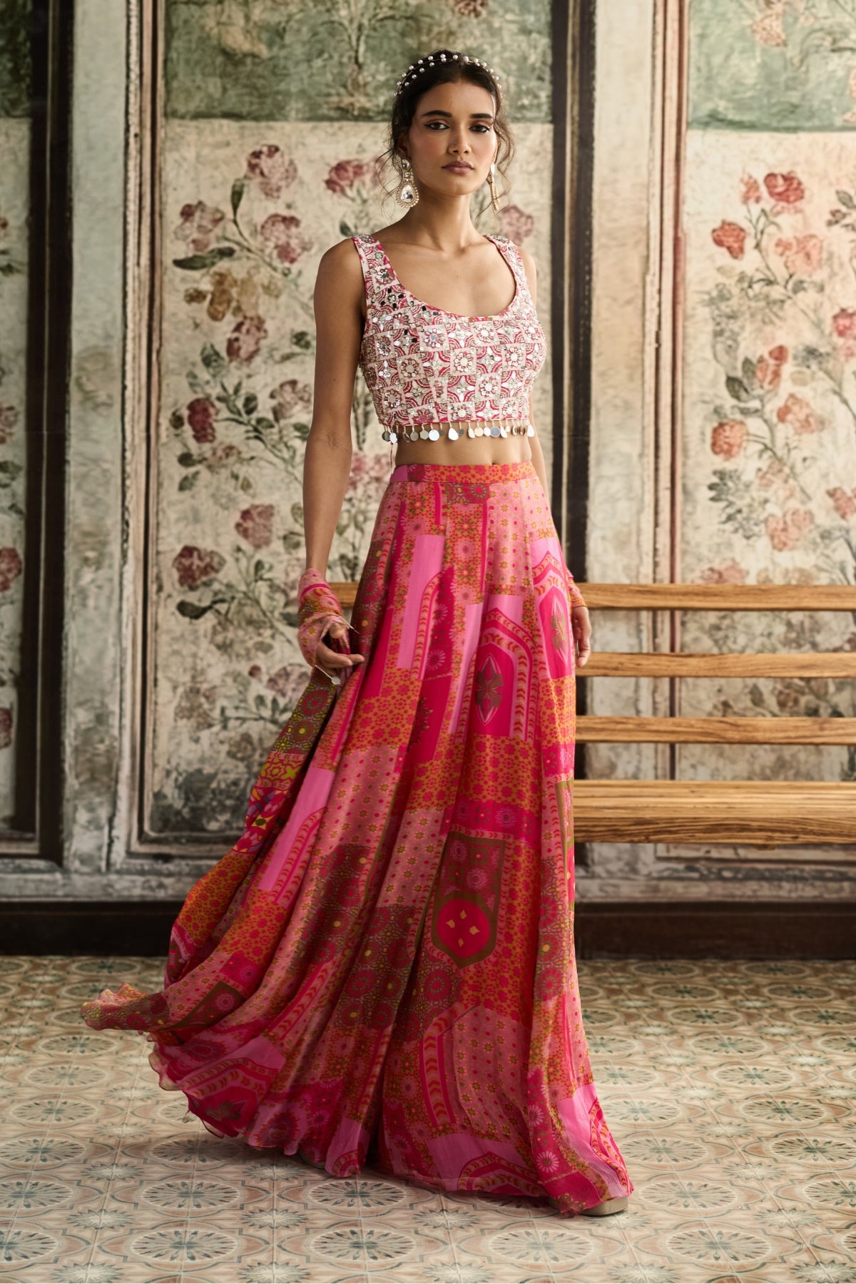 IVORY BUTTA PRINT AND HIGHLIGHTED SQUARE NECK BLOUSE WITH YELLOW-FUSCHIA PRINT SHARARA SET