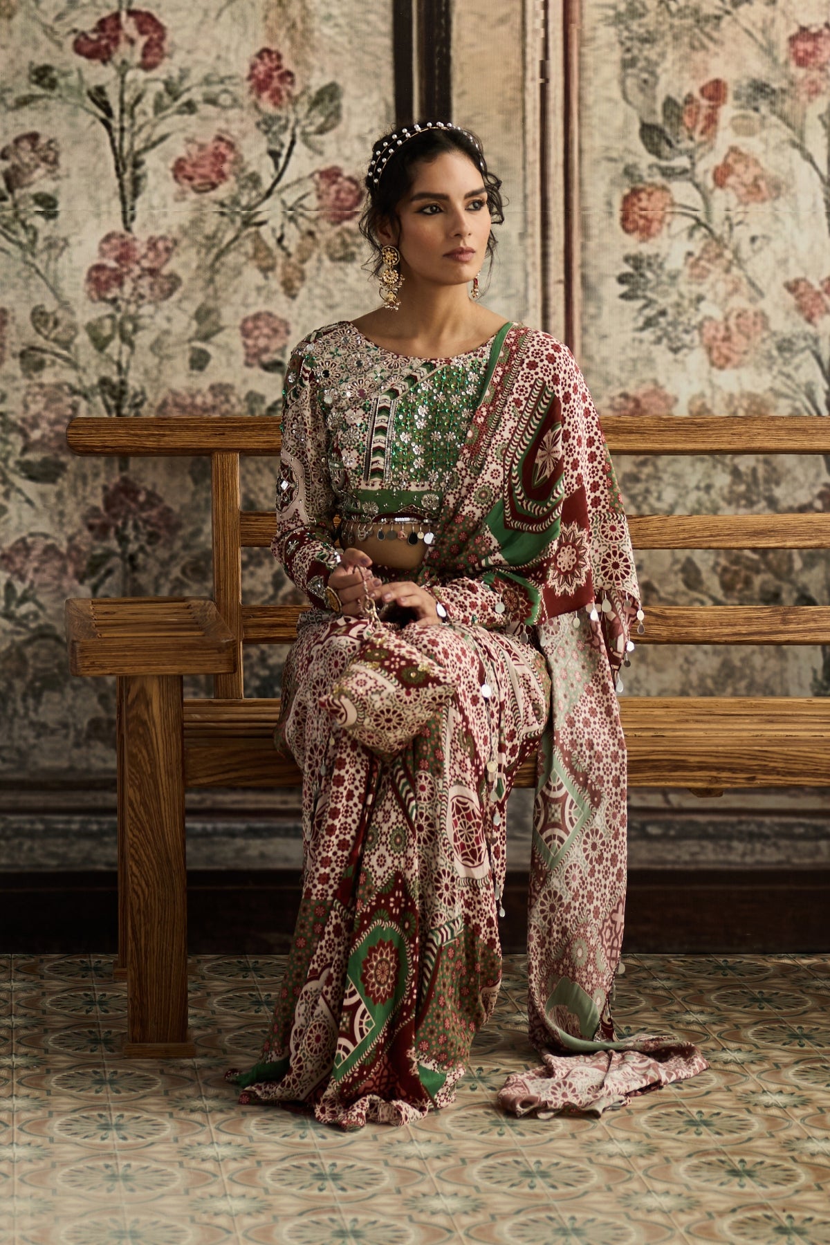 SAGE-MAROON PRINT AND HIGHLIGHTED DHOTI SAREE SET