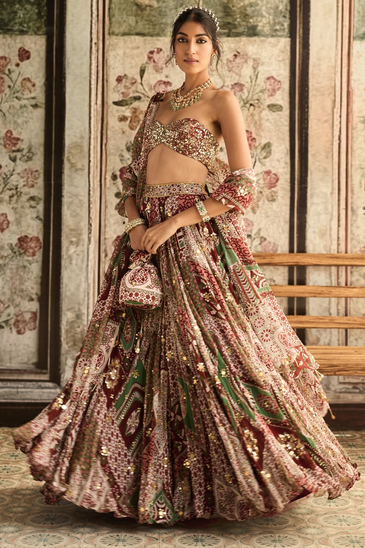 SAGE-MAROON PRINT AND HIGHLIGHTED STRAPLESS BLOUSE WITH LEHENGA SET